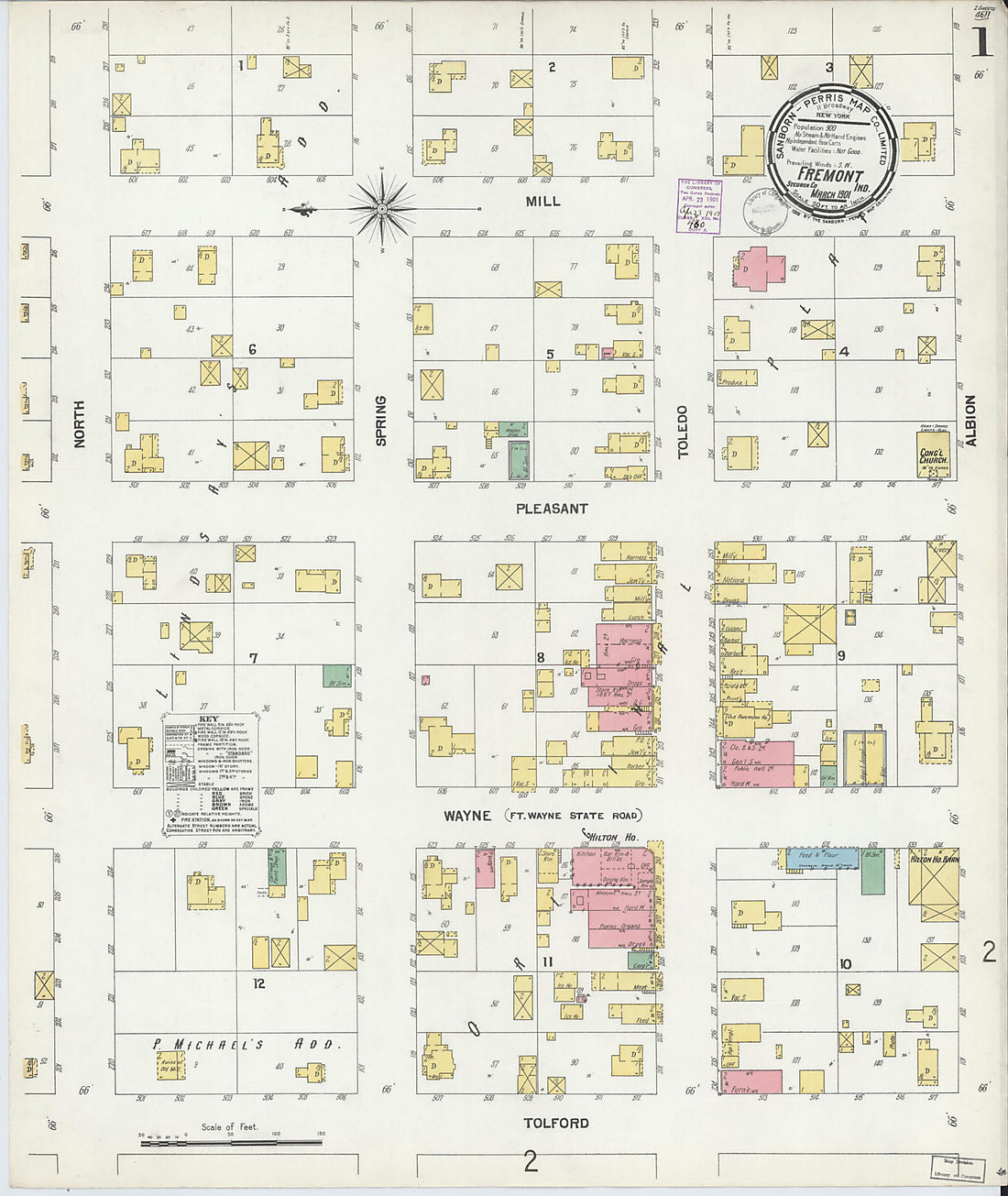 This old map of Fremont, Steuben County, Indiana was created by Sanborn Map Company in 1901