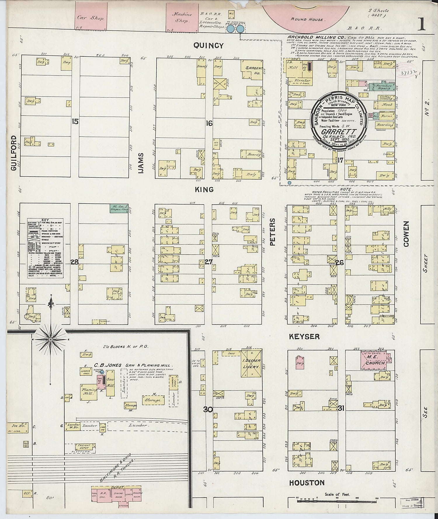 This old map of Garrett, De Kalb County, Indiana was created by Sanborn Map Company in 1890