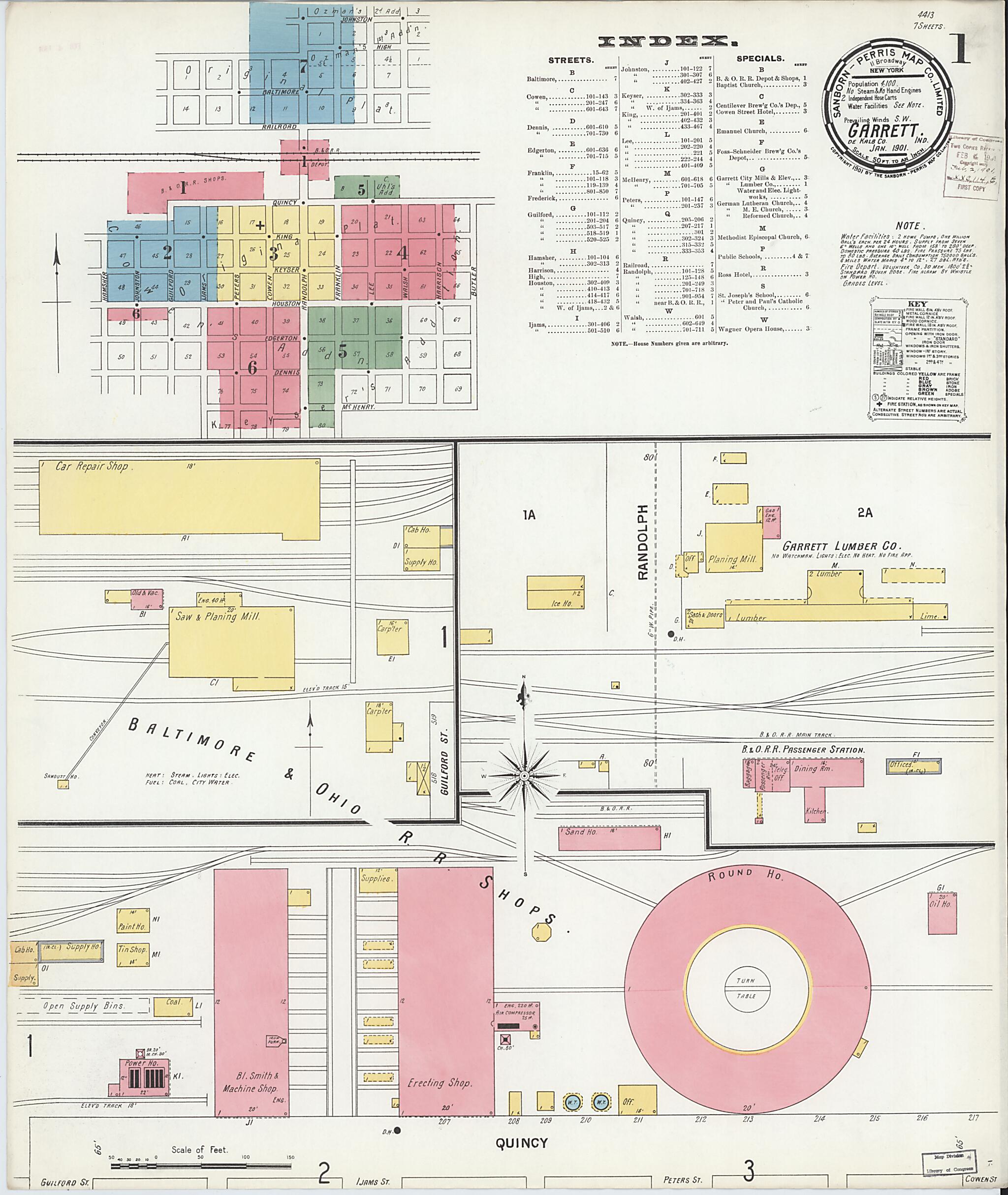 This old map of Garrett, De Kalb County, Indiana was created by Sanborn Map Company in 1901