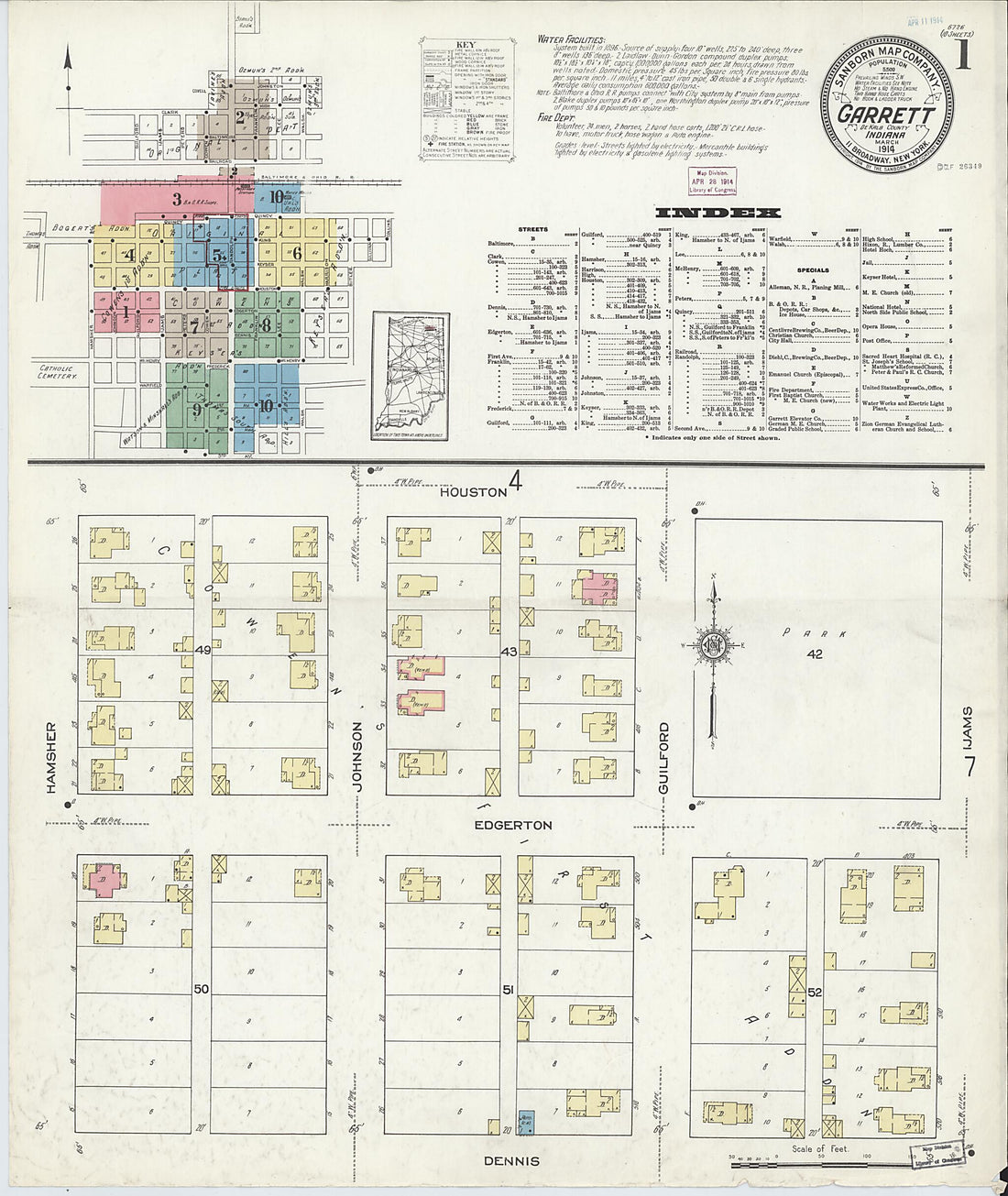 This old map of Garrett, De Kalb County, Indiana was created by Sanborn Map Company in 1914