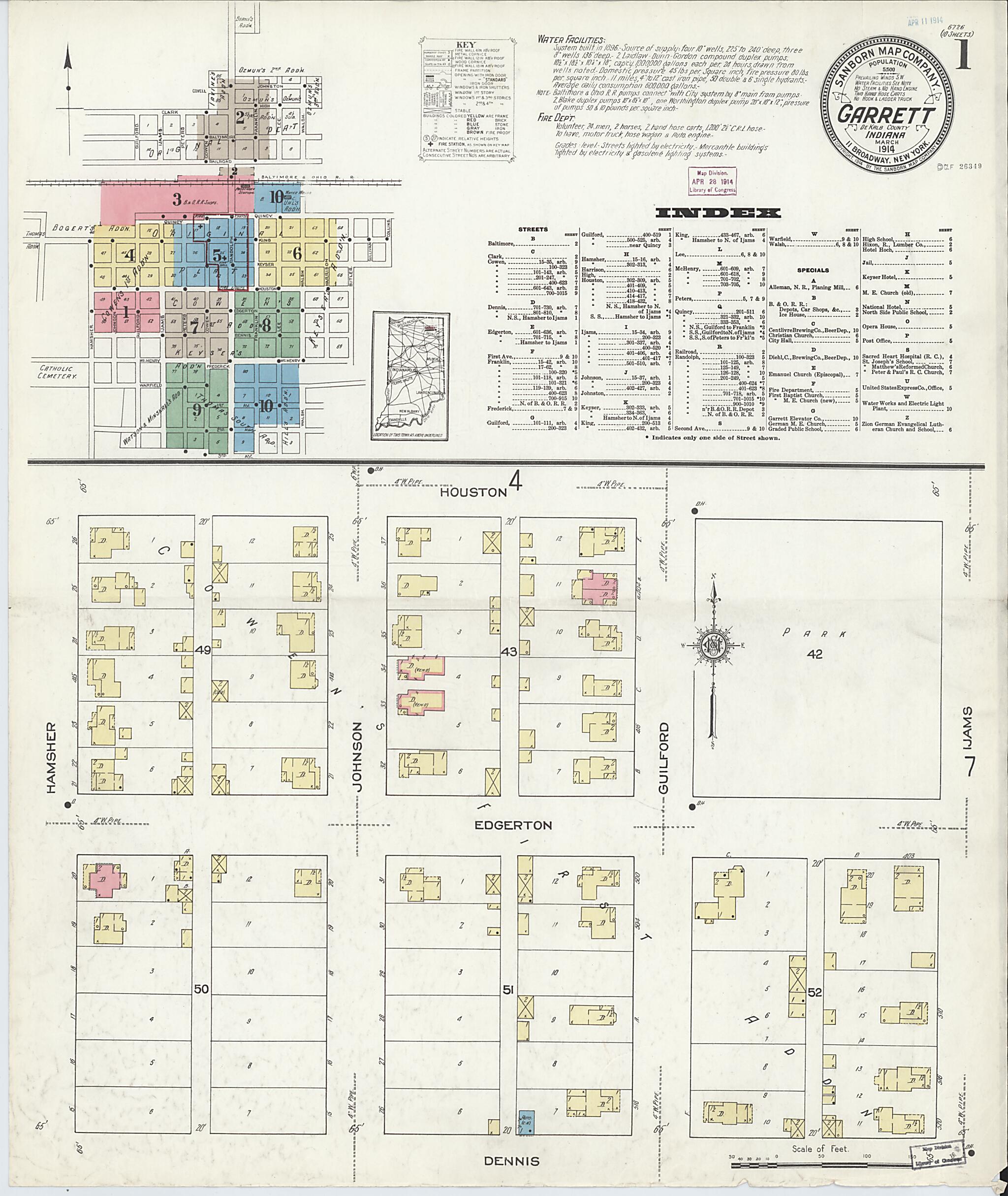 This old map of Garrett, De Kalb County, Indiana was created by Sanborn Map Company in 1914