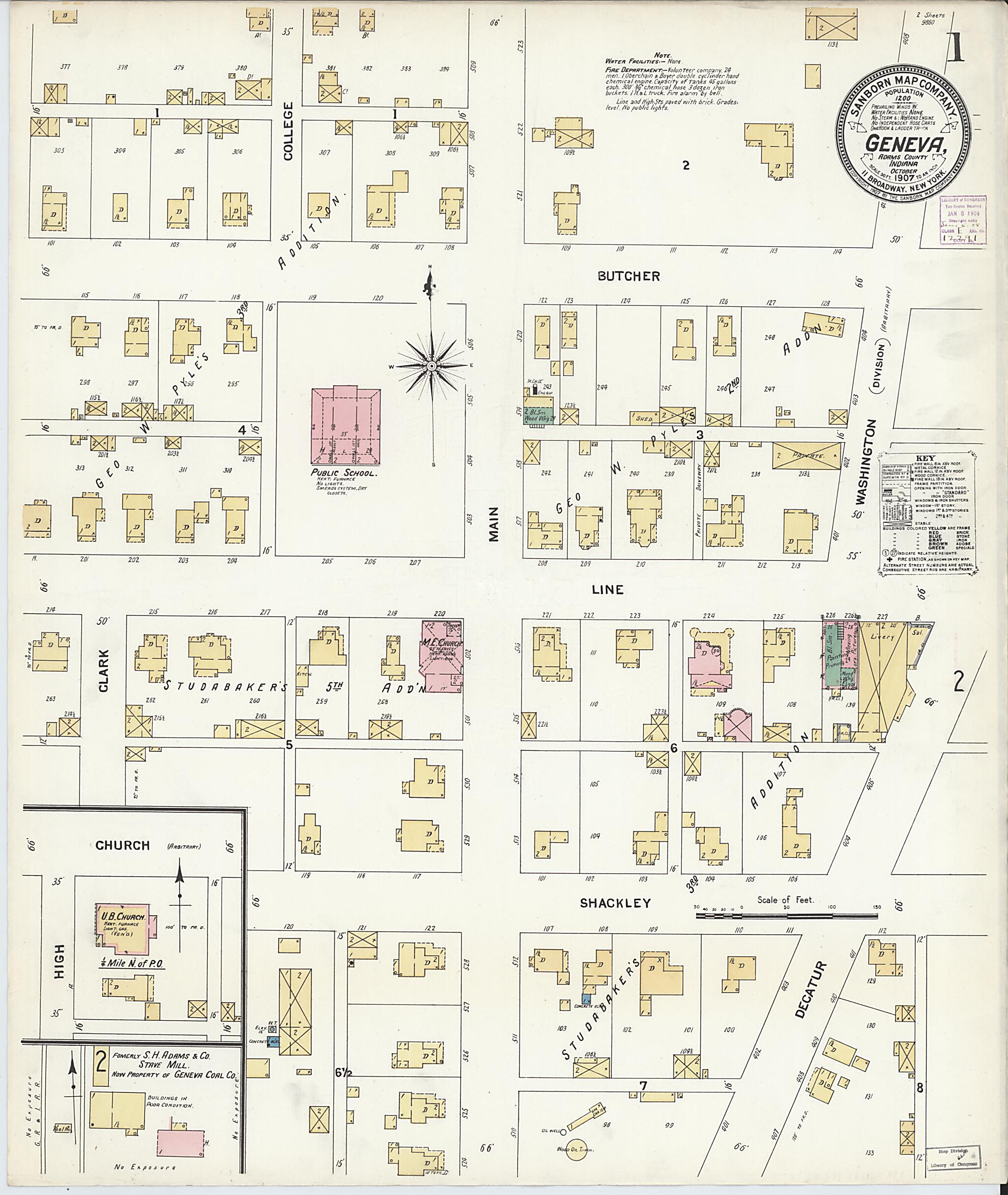 This old map of Geneva, Adams County, Indiana was created by Sanborn Map Company in 1907