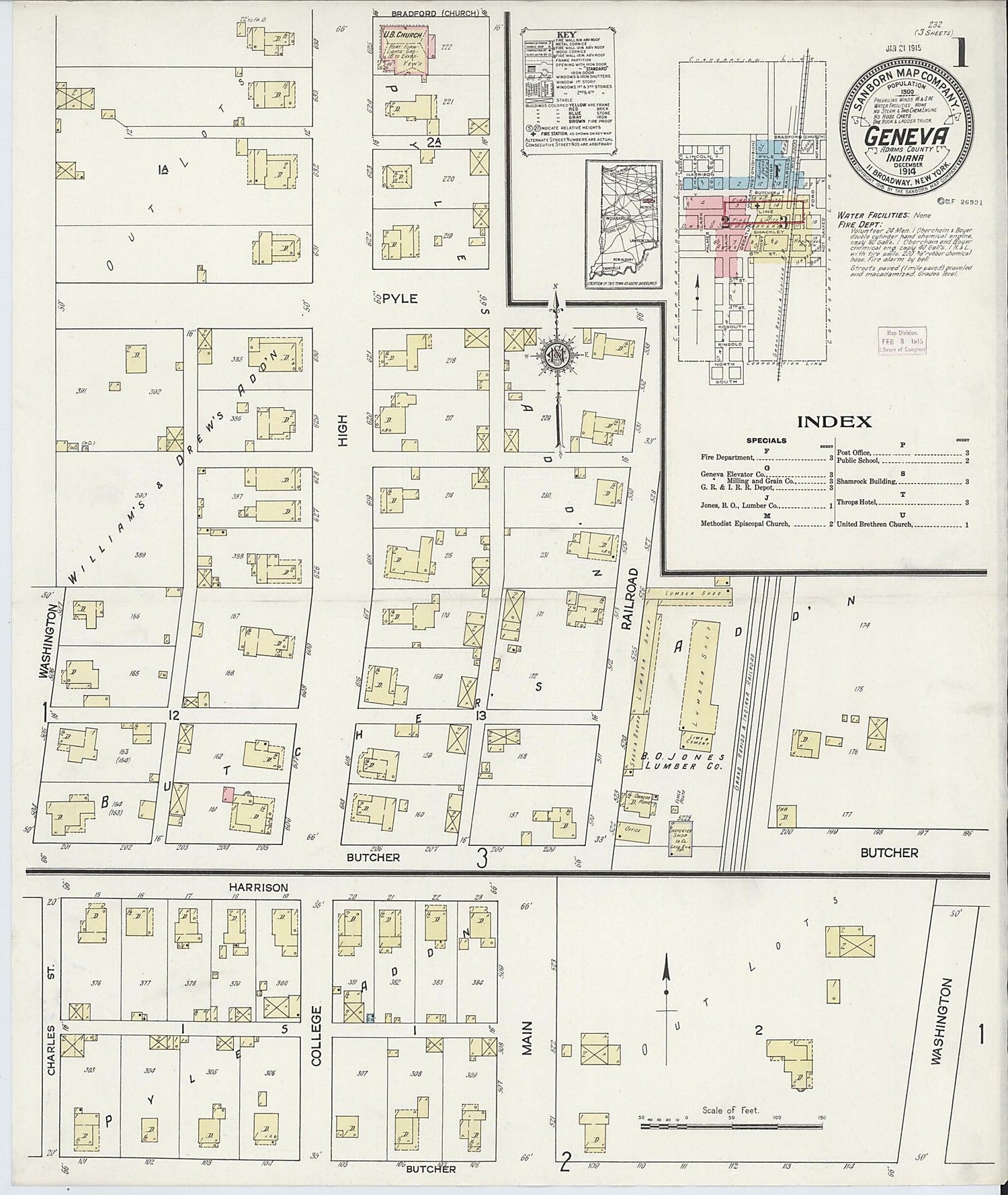 This old map of Geneva, Adams County, Indiana was created by Sanborn Map Company in 1914