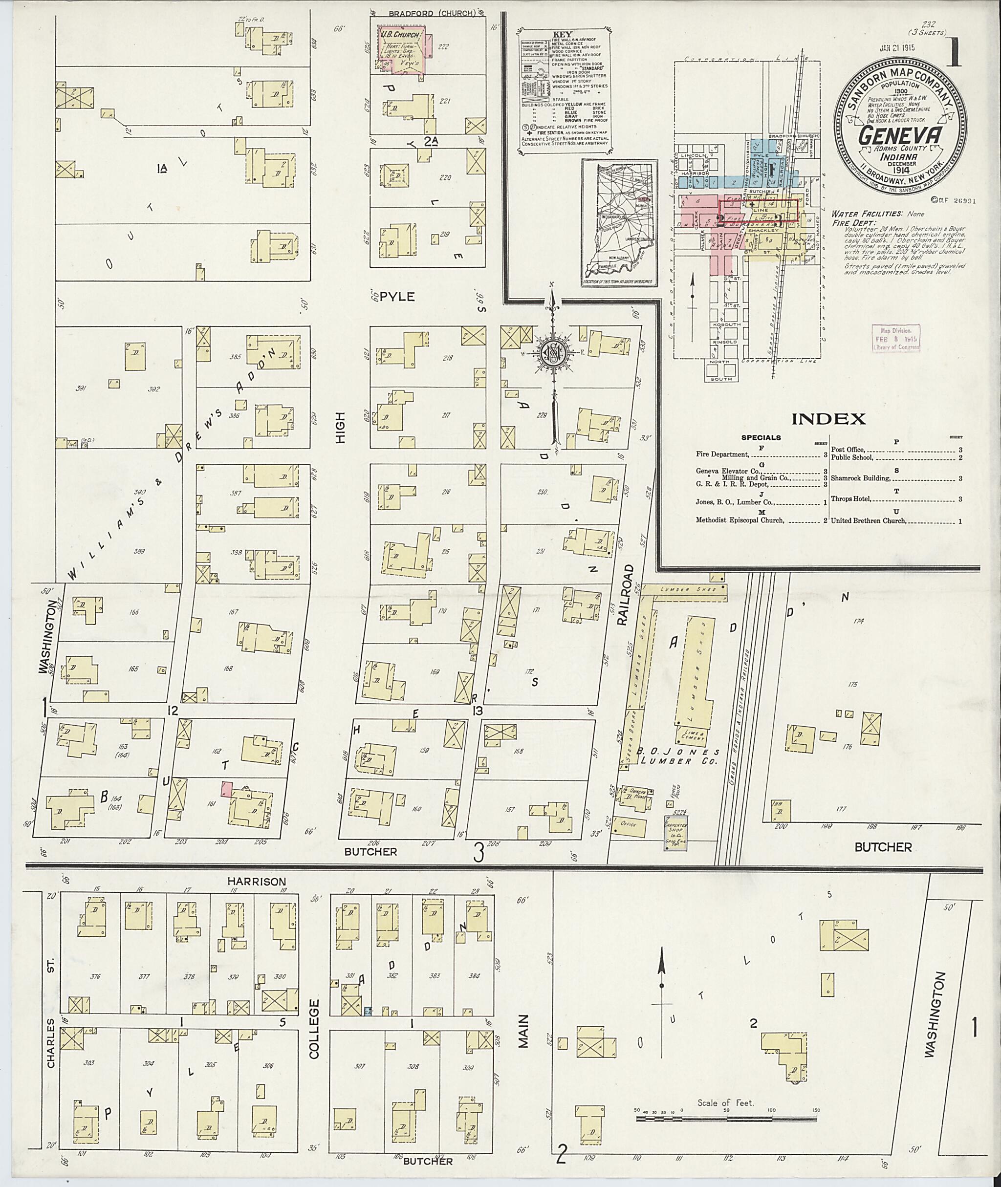 This old map of Geneva, Adams County, Indiana was created by Sanborn Map Company in 1914