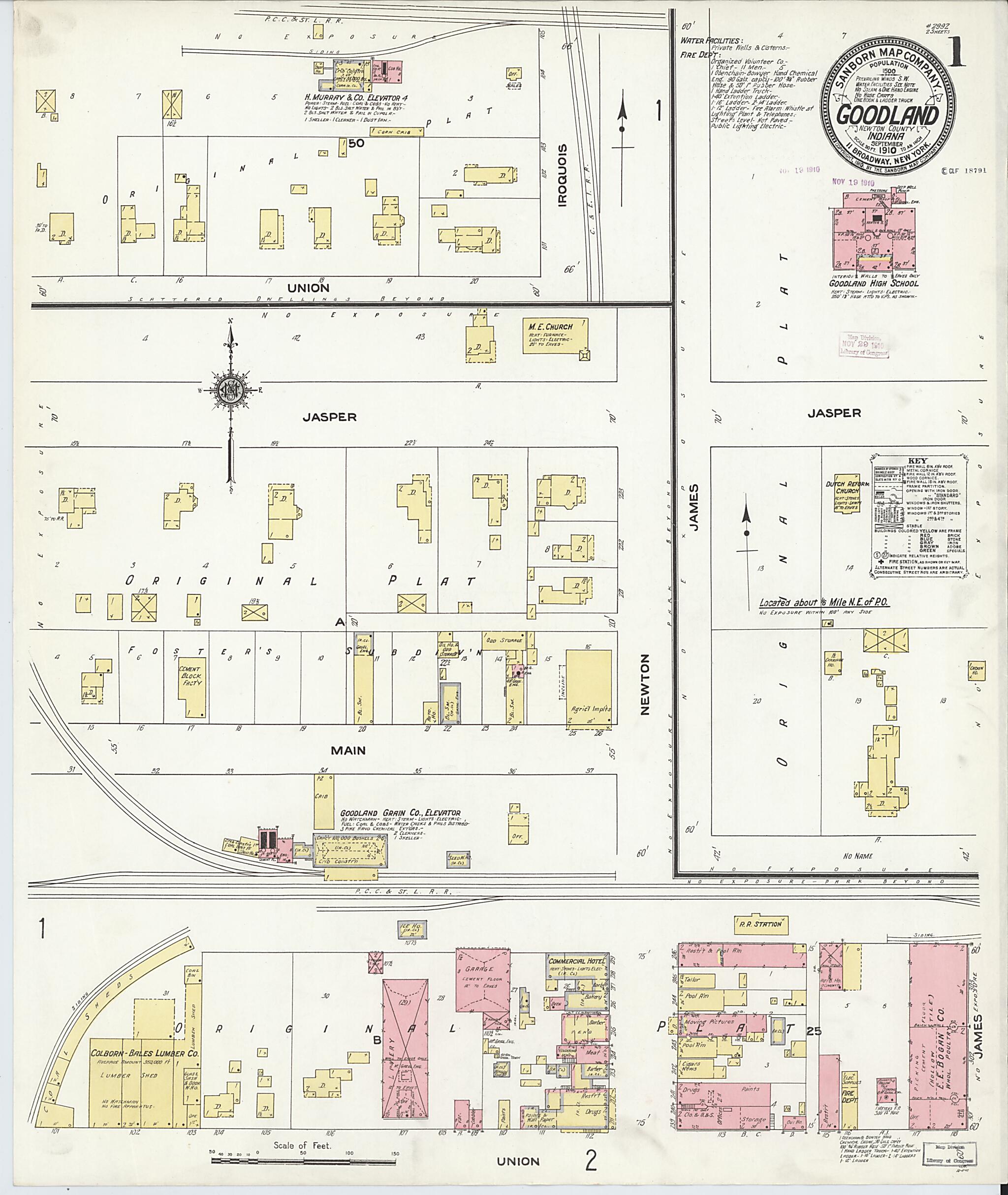 This old map of Goodland, Newton County, Indiana was created by Sanborn Map Company in 1910