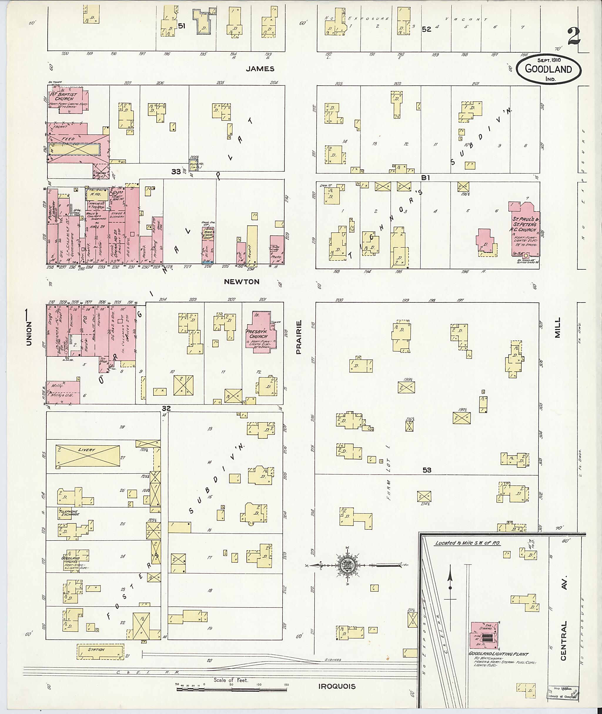 This old map of Goodland, Newton County, Indiana was created by Sanborn Map Company in 1910