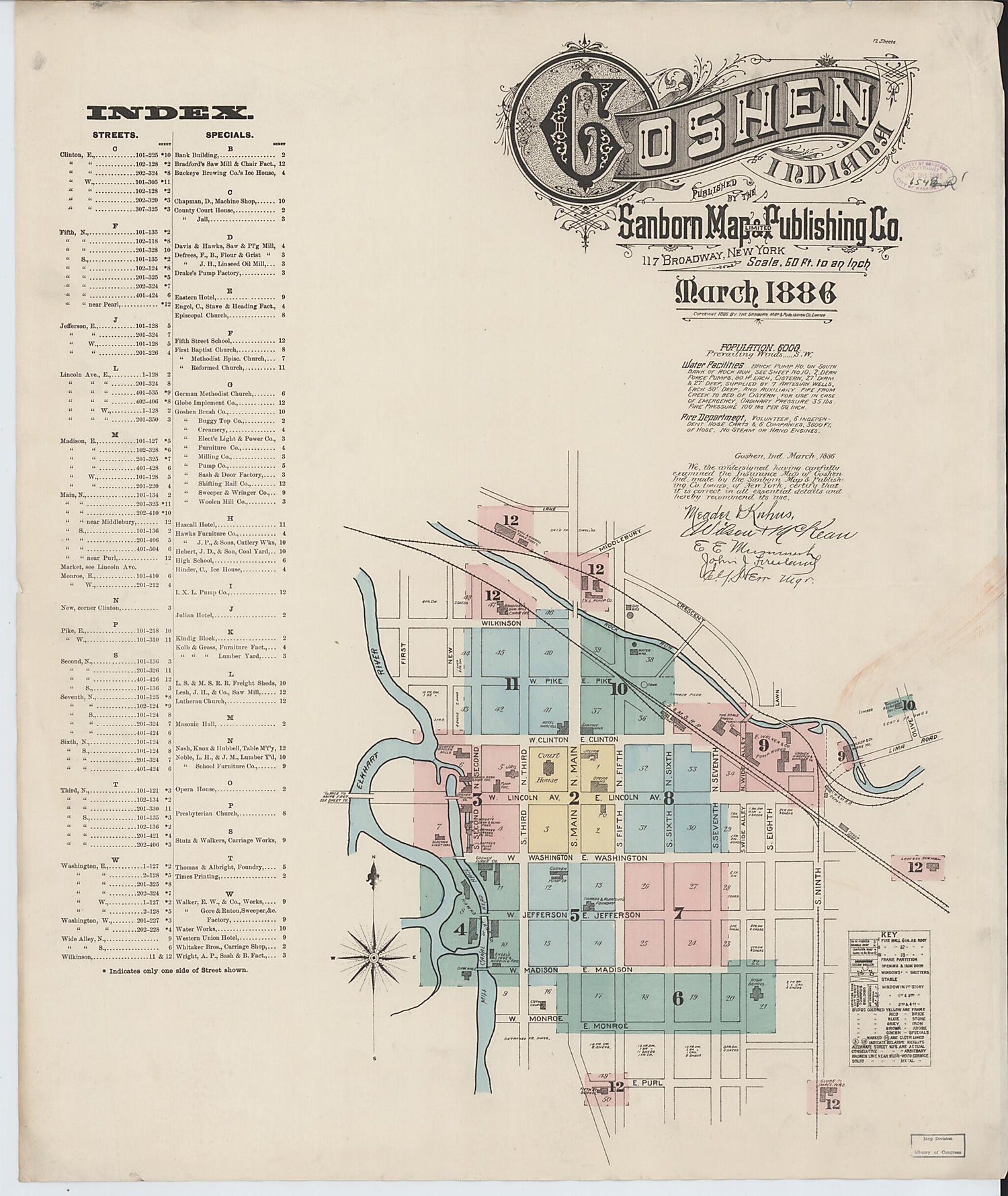 This old map of Goshen, Elkhart County, Indiana was created by Sanborn Map Company in 1886