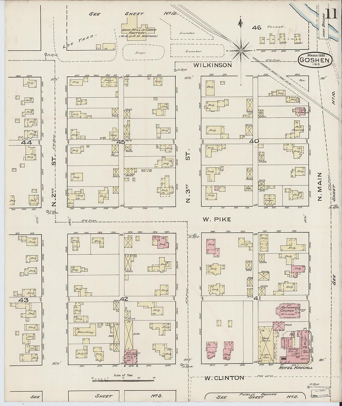 This old map of Goshen, Elkhart County, Indiana was created by Sanborn Map Company in 1886