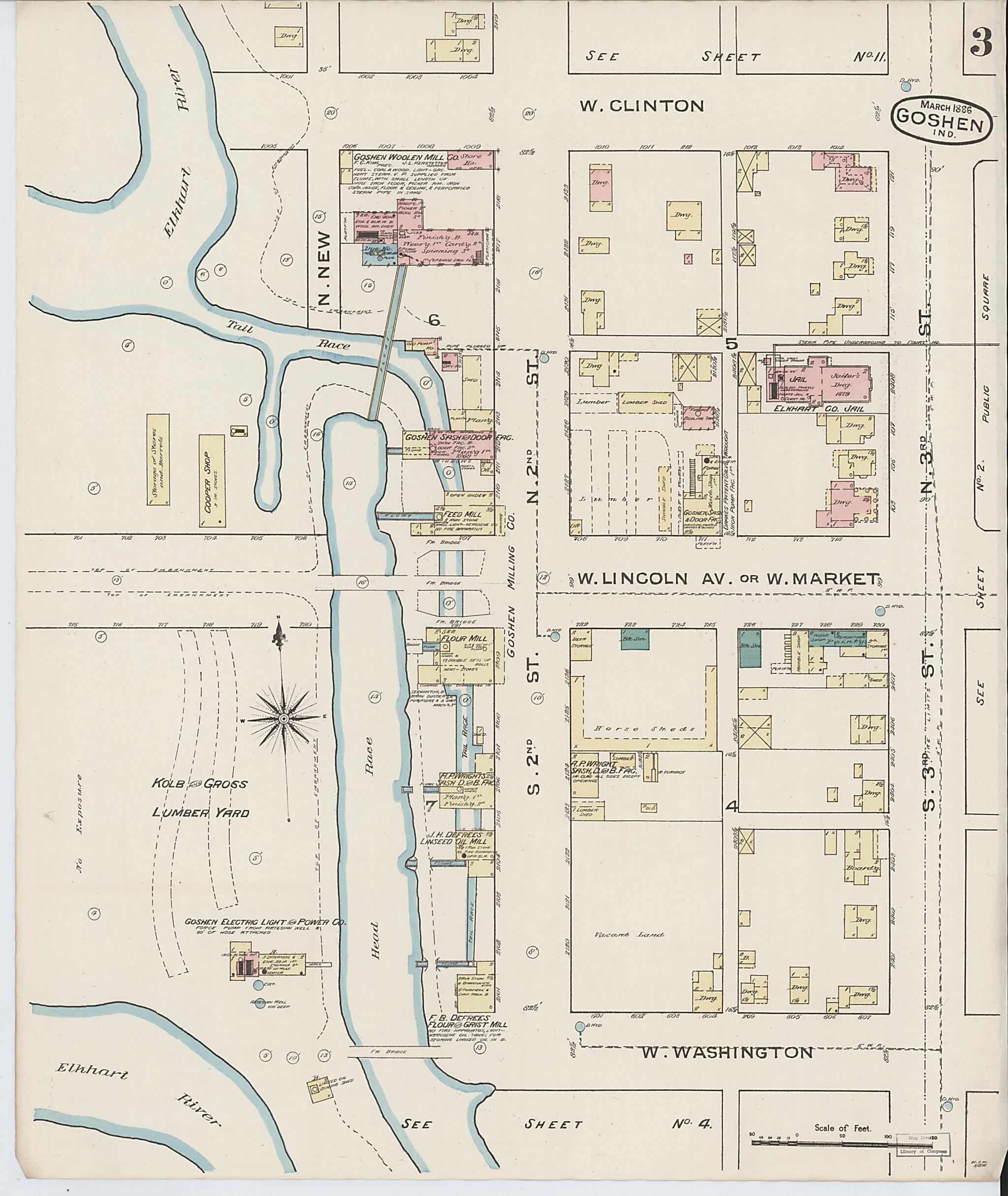 This old map of Goshen, Elkhart County, Indiana was created by Sanborn Map Company in 1886