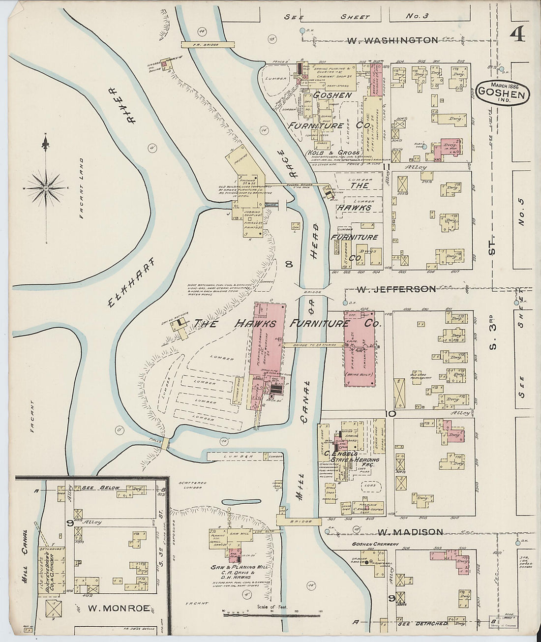 This old map of Goshen, Elkhart County, Indiana was created by Sanborn Map Company in 1886