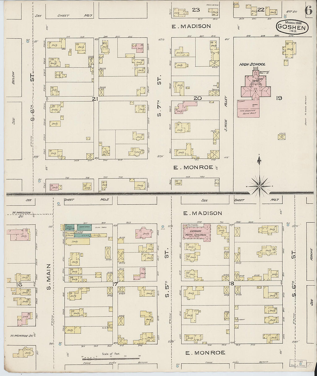 This old map of Goshen, Elkhart County, Indiana was created by Sanborn Map Company in 1886