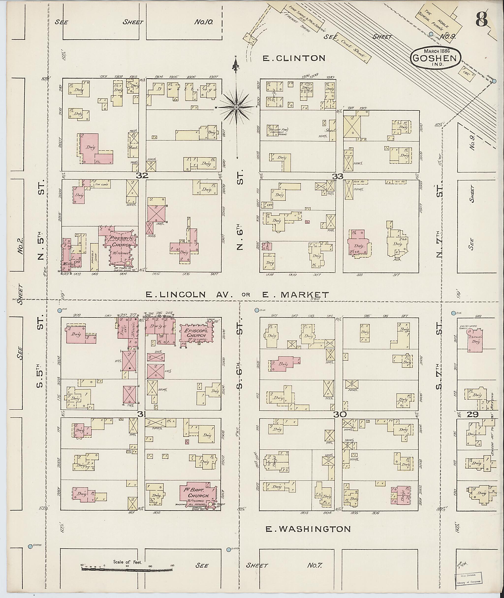 This old map of Goshen, Elkhart County, Indiana was created by Sanborn Map Company in 1886