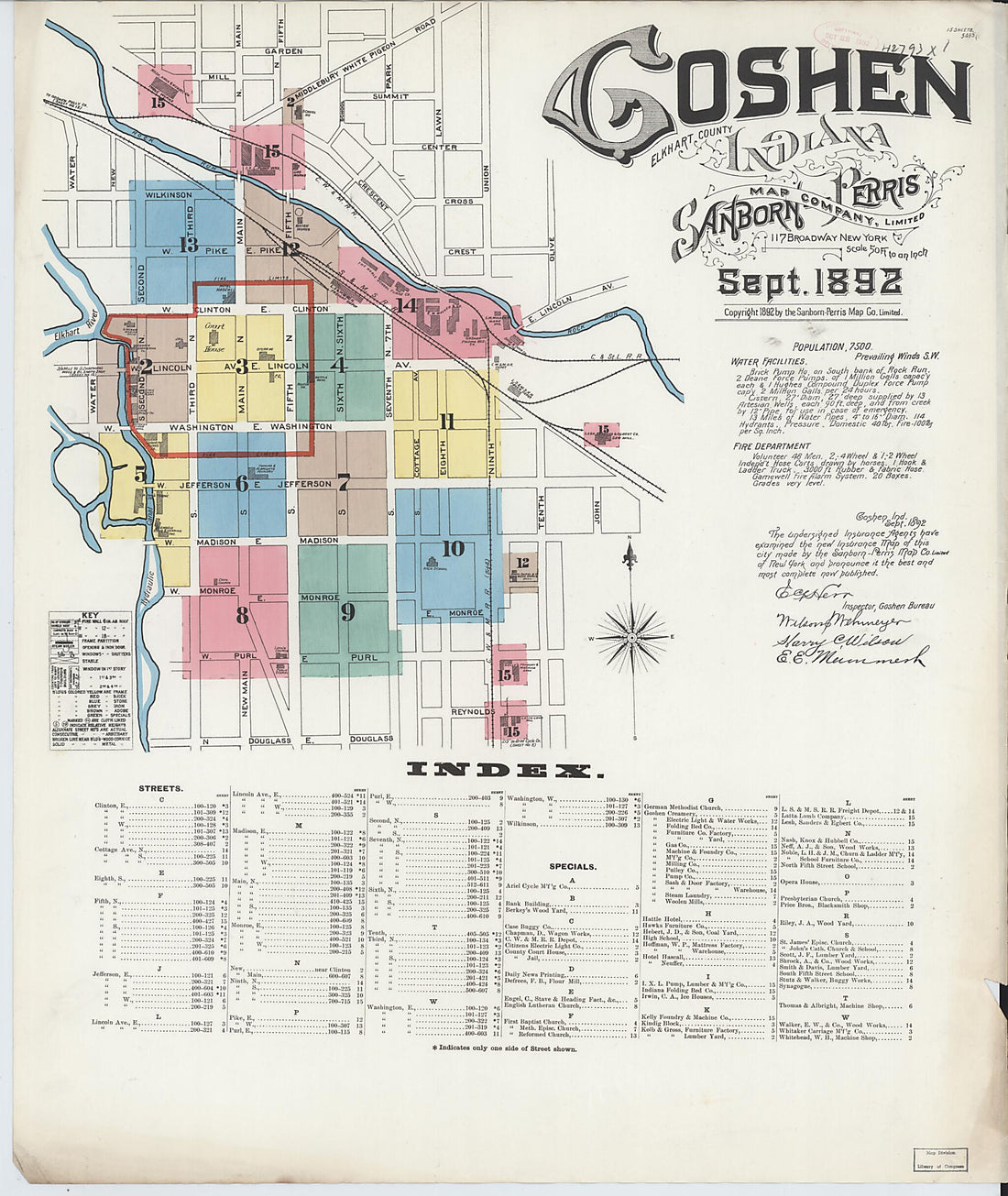 This old map of Goshen, Elkhart County, Indiana was created by Sanborn Map Company in 1892