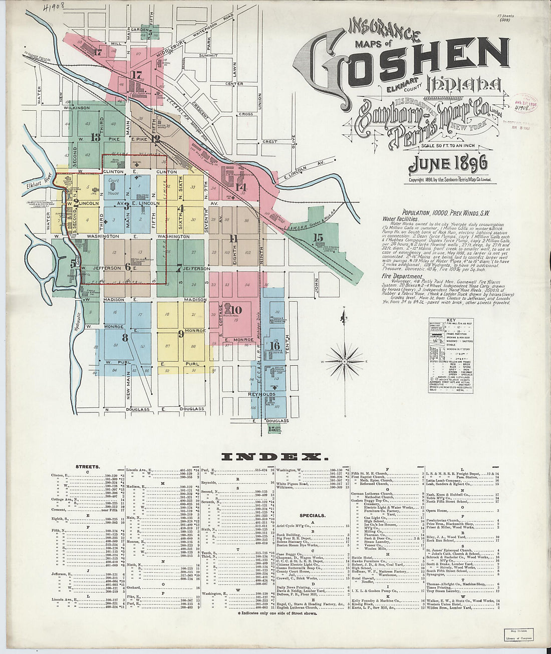 This old map of Goshen, Elkhart County, Indiana was created by Sanborn Map Company in 1896