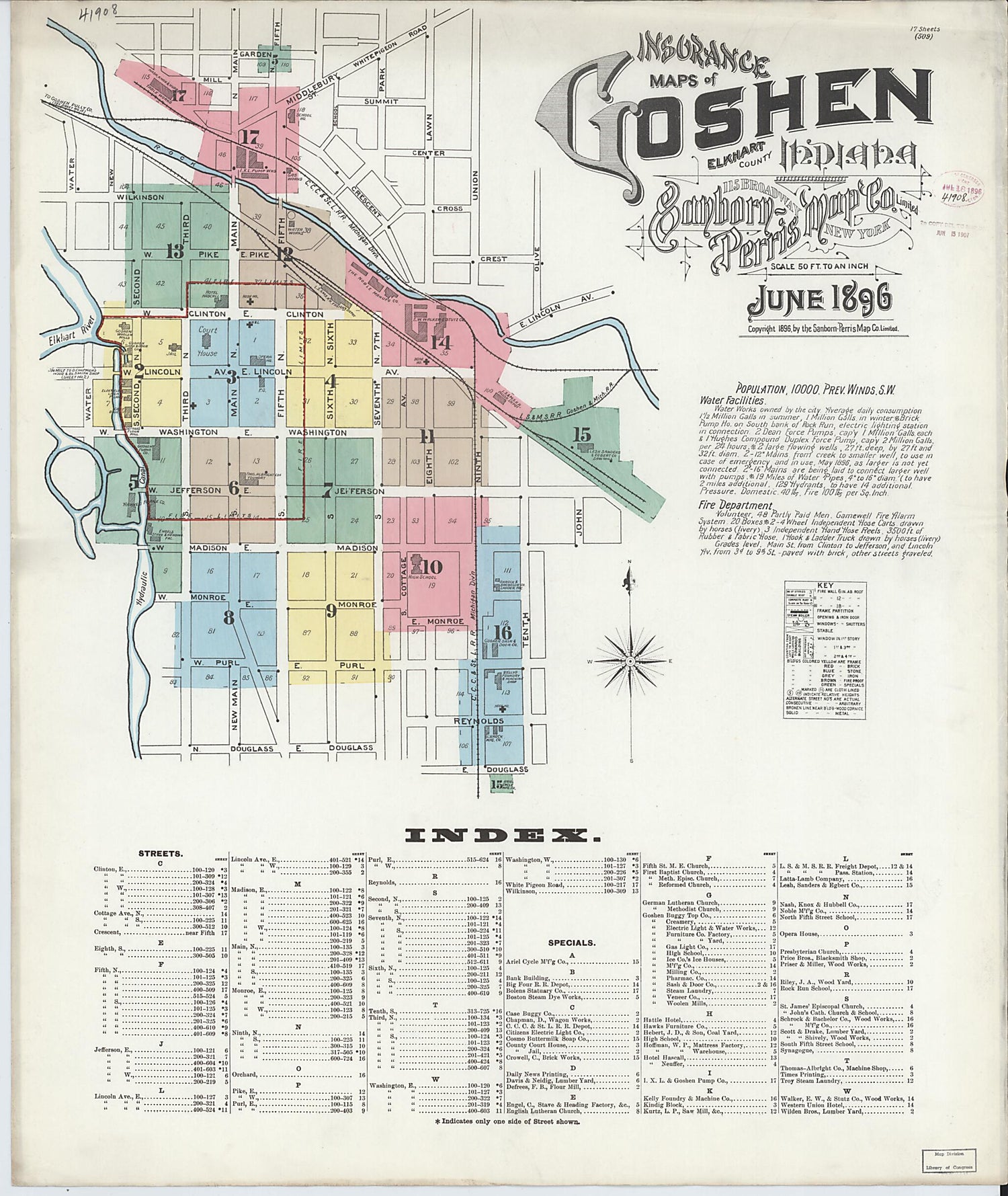 This old map of Goshen, Elkhart County, Indiana was created by Sanborn Map Company in 1896