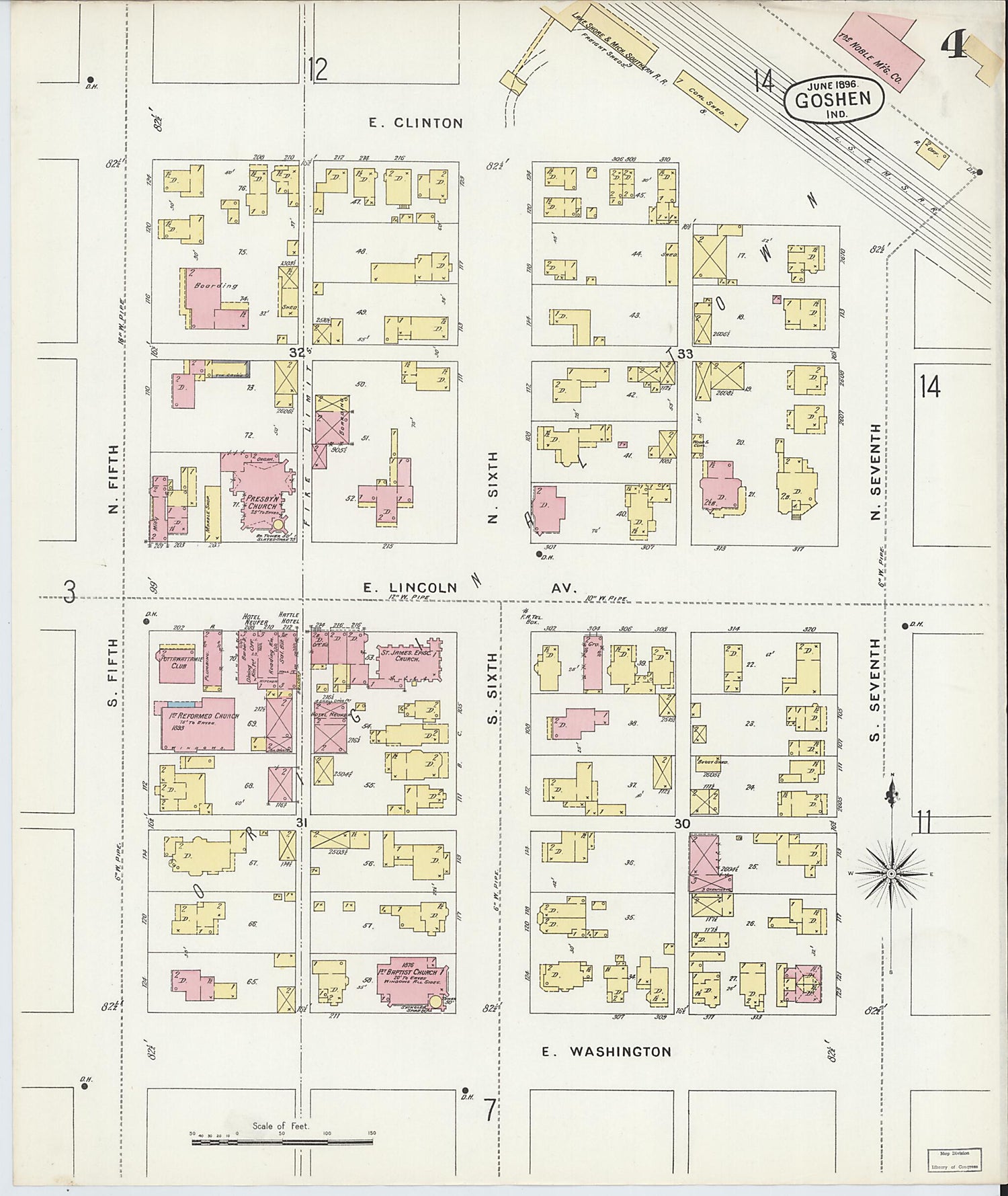 This old map of Goshen, Elkhart County, Indiana was created by Sanborn Map Company in 1896