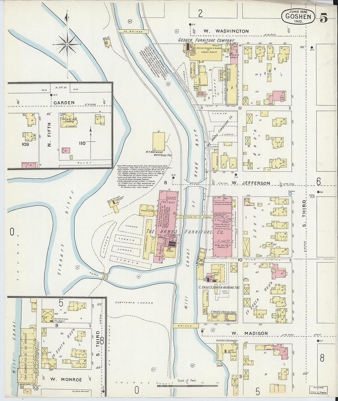 This old map of Goshen, Elkhart County, Indiana was created by Sanborn Map Company in 1896