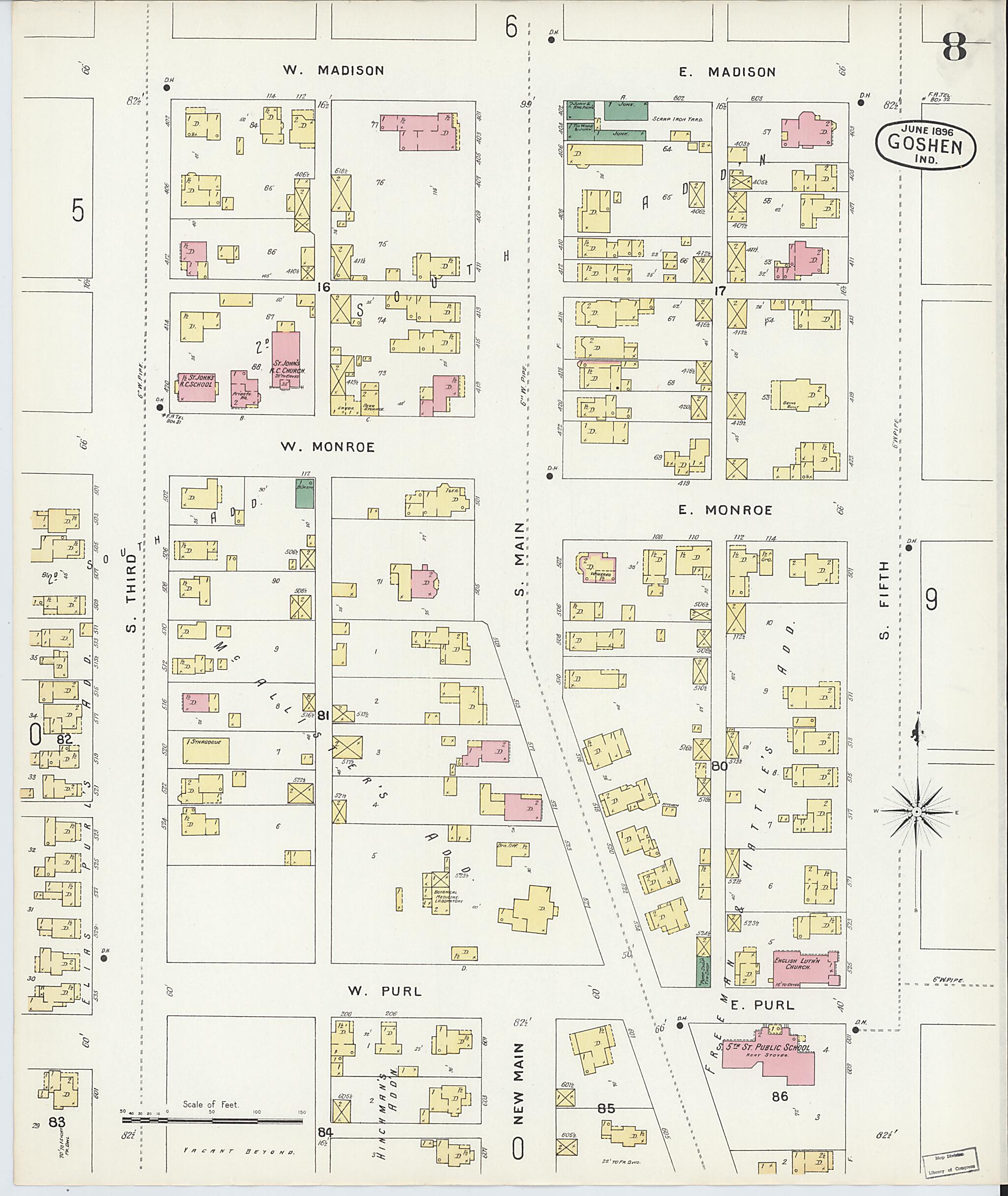 This old map of Goshen, Elkhart County, Indiana was created by Sanborn Map Company in 1896