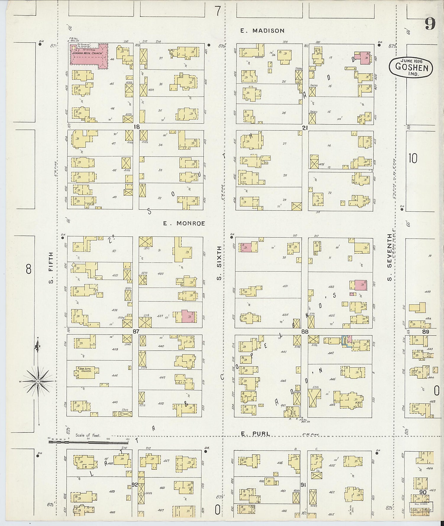 This old map of Goshen, Elkhart County, Indiana was created by Sanborn Map Company in 1896