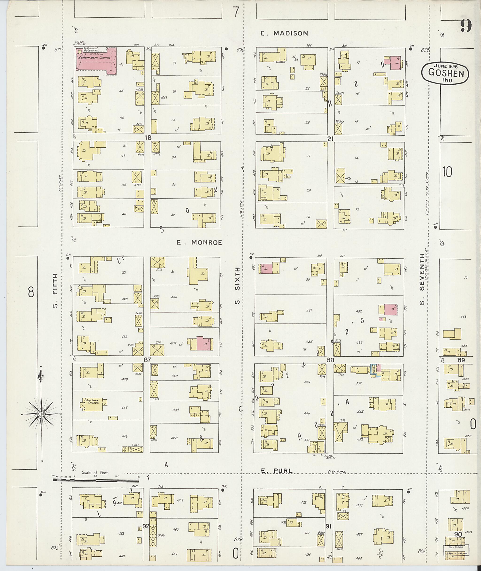 This old map of Goshen, Elkhart County, Indiana was created by Sanborn Map Company in 1896