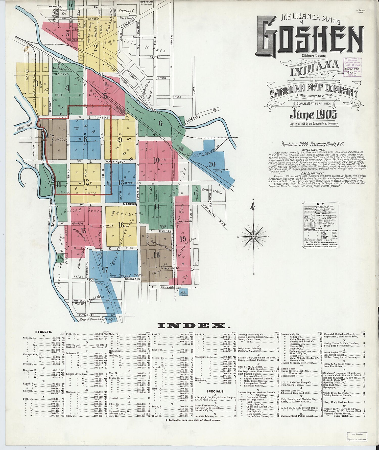 This old map of Goshen, Elkhart County, Indiana was created by Sanborn Map Company in 1905