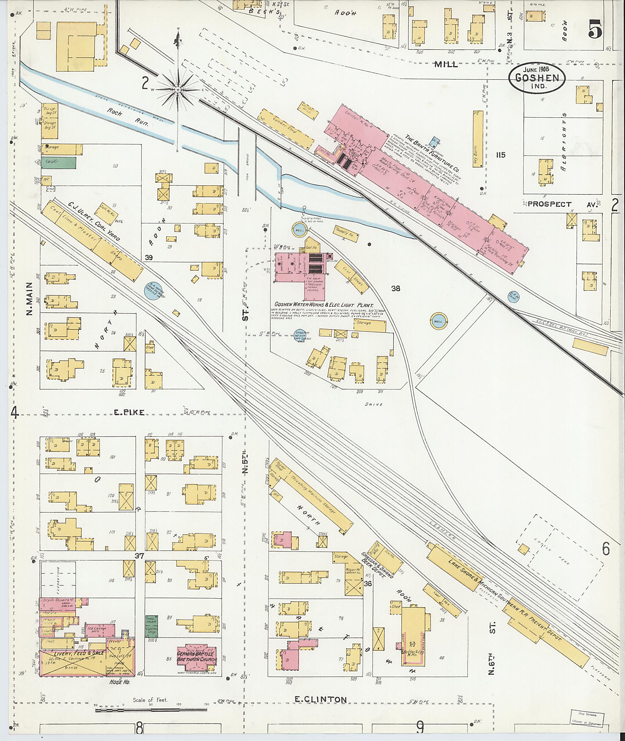 This old map of Goshen, Elkhart County, Indiana was created by Sanborn Map Company in 1905