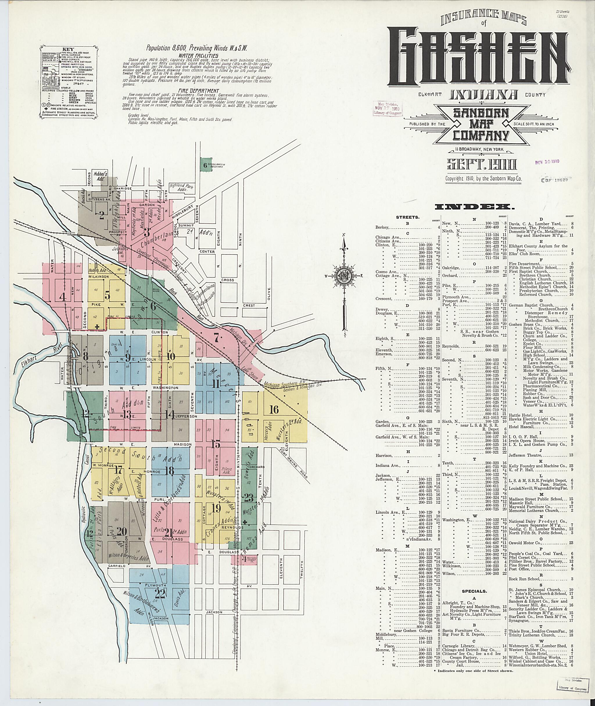 This old map of Goshen, Elkhart County, Indiana was created by Sanborn Map Company in 1910