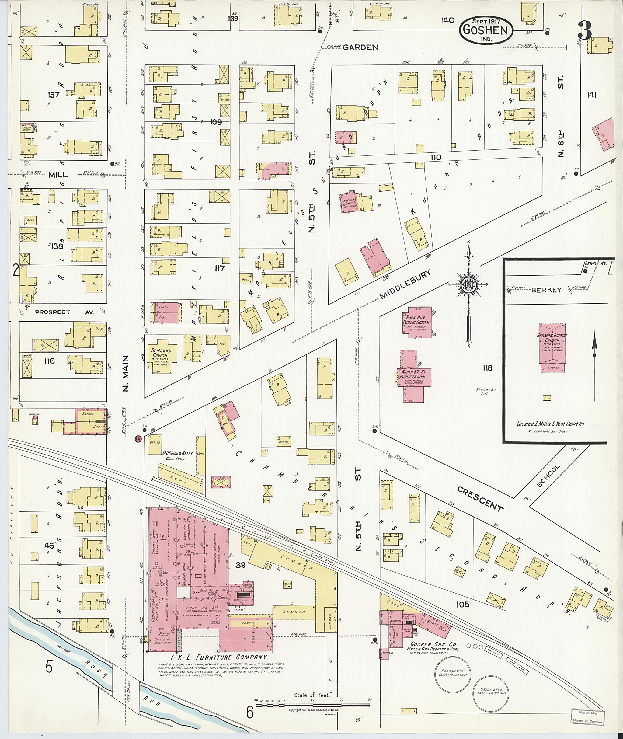 This old map of Goshen, Elkhart County, Indiana was created by Sanborn Map Company in 1917