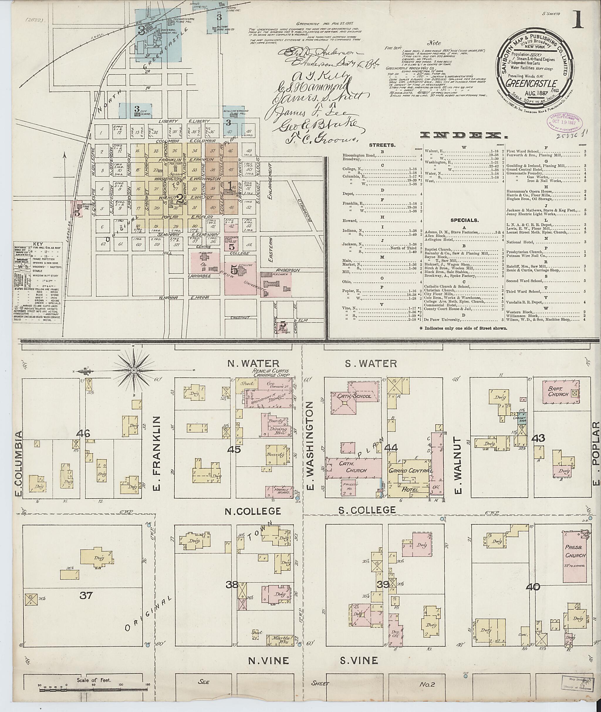 This old map of Greencastle, Putnam County, Indiana was created by Sanborn Map Company in 1887