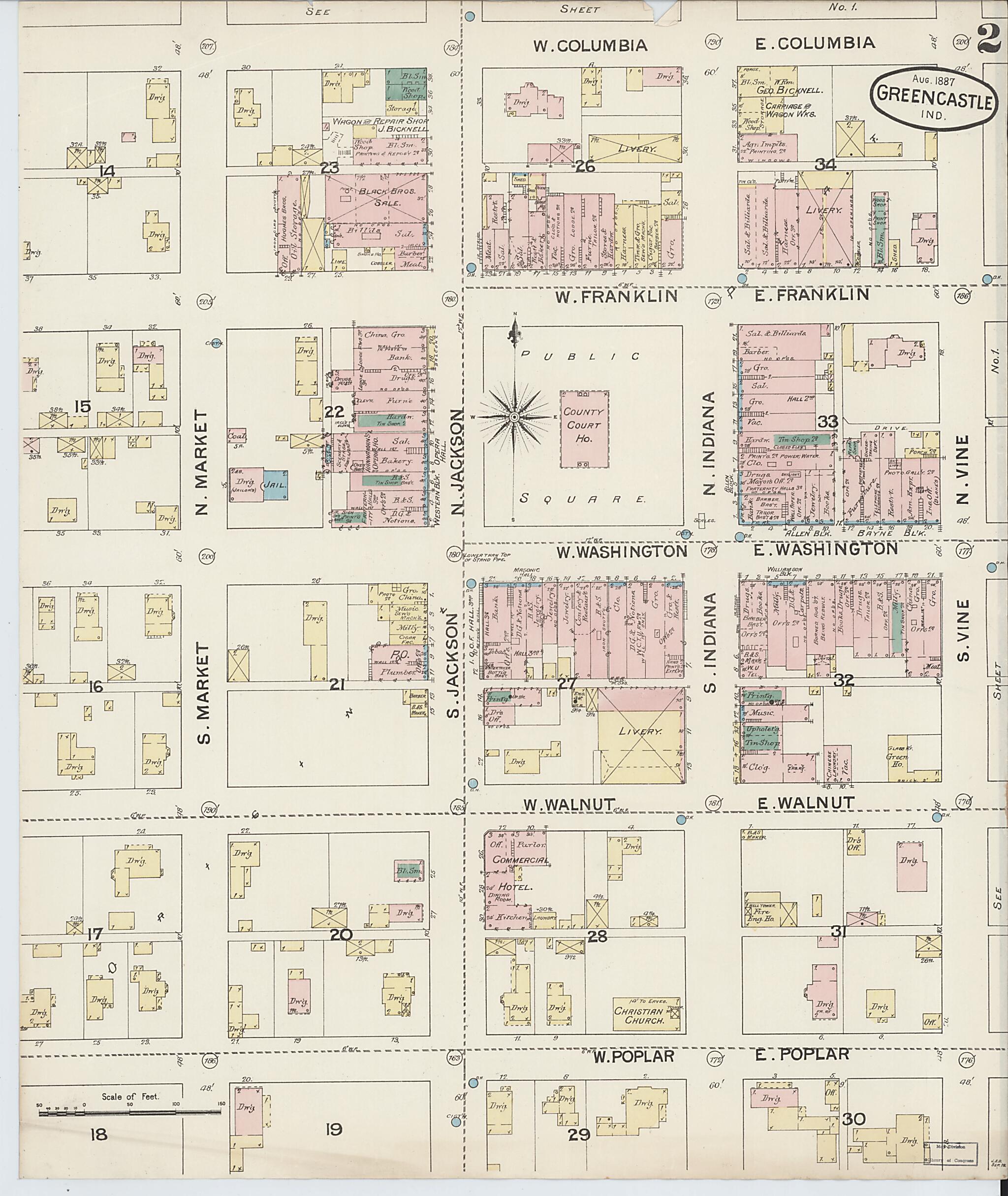 This old map of Greencastle, Putnam County, Indiana was created by Sanborn Map Company in 1887