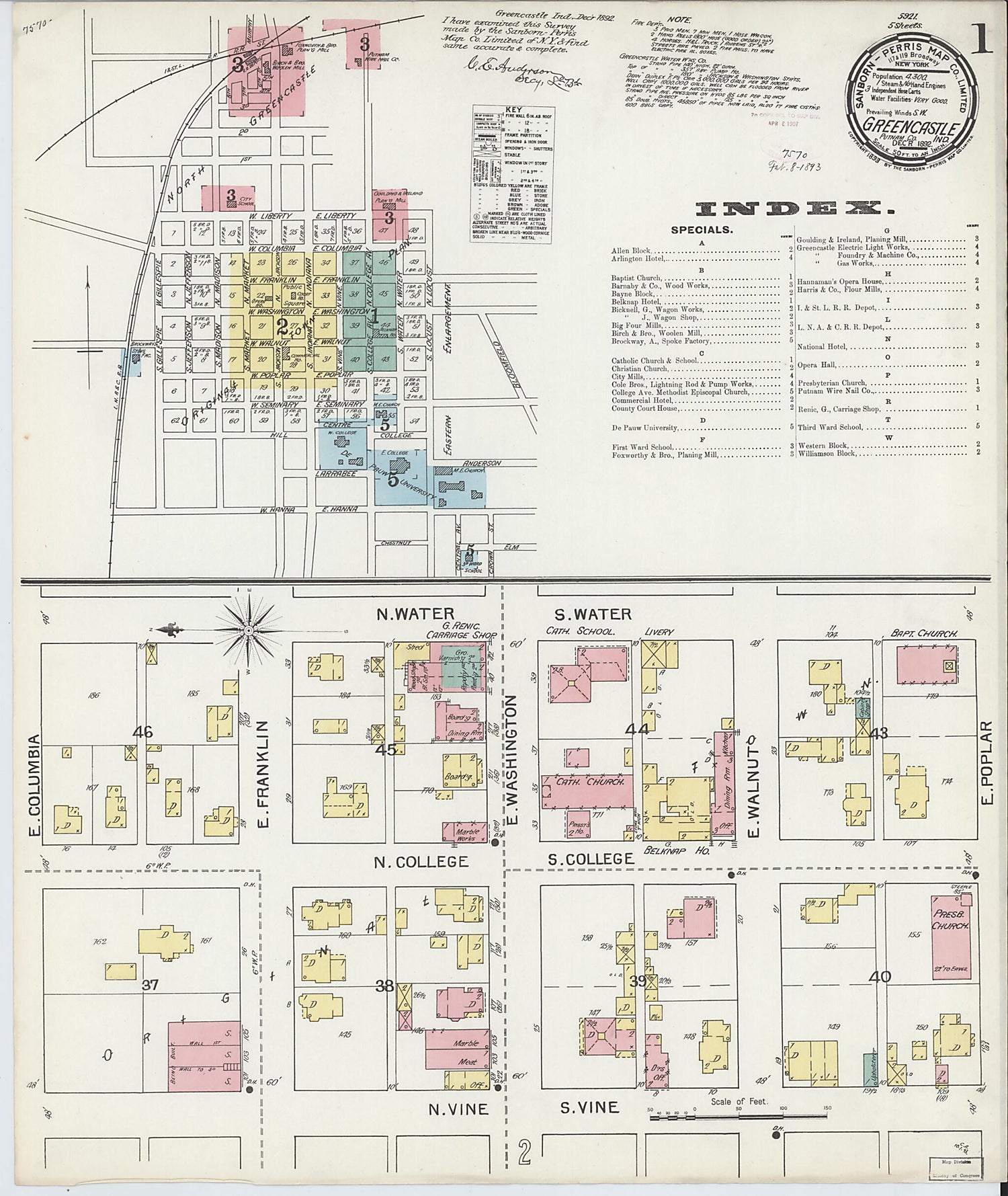 This old map of Greencastle, Putnam County, Indiana was created by Sanborn Map Company in 1892