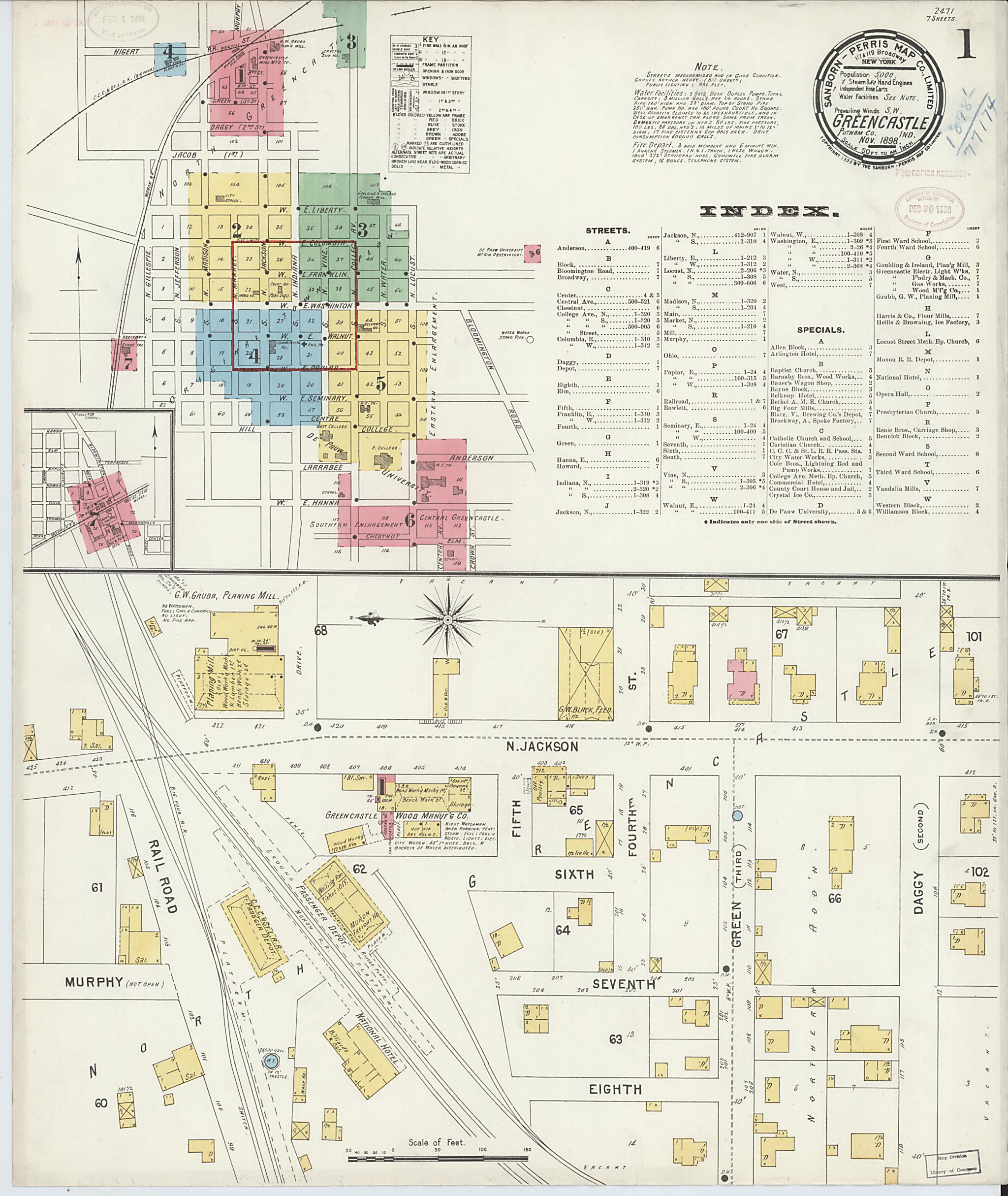 This old map of Greencastle, Putnam County, Indiana was created by Sanborn Map Company in 1898