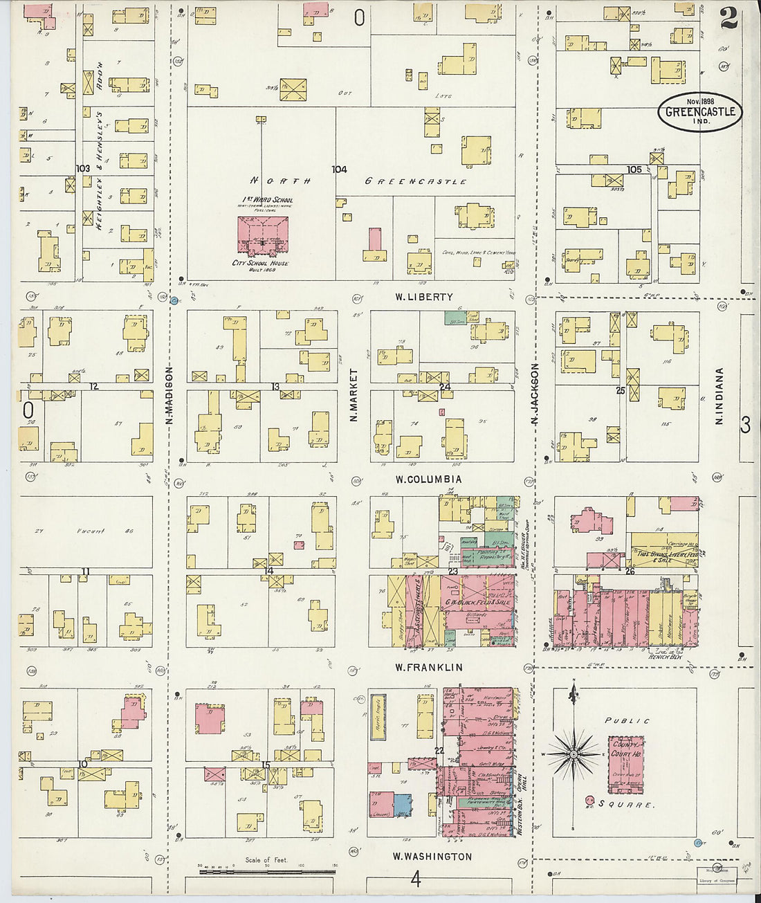 This old map of Greencastle, Putnam County, Indiana was created by Sanborn Map Company in 1898