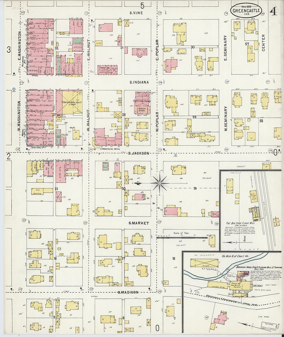 This old map of Greencastle, Putnam County, Indiana was created by Sanborn Map Company in 1898