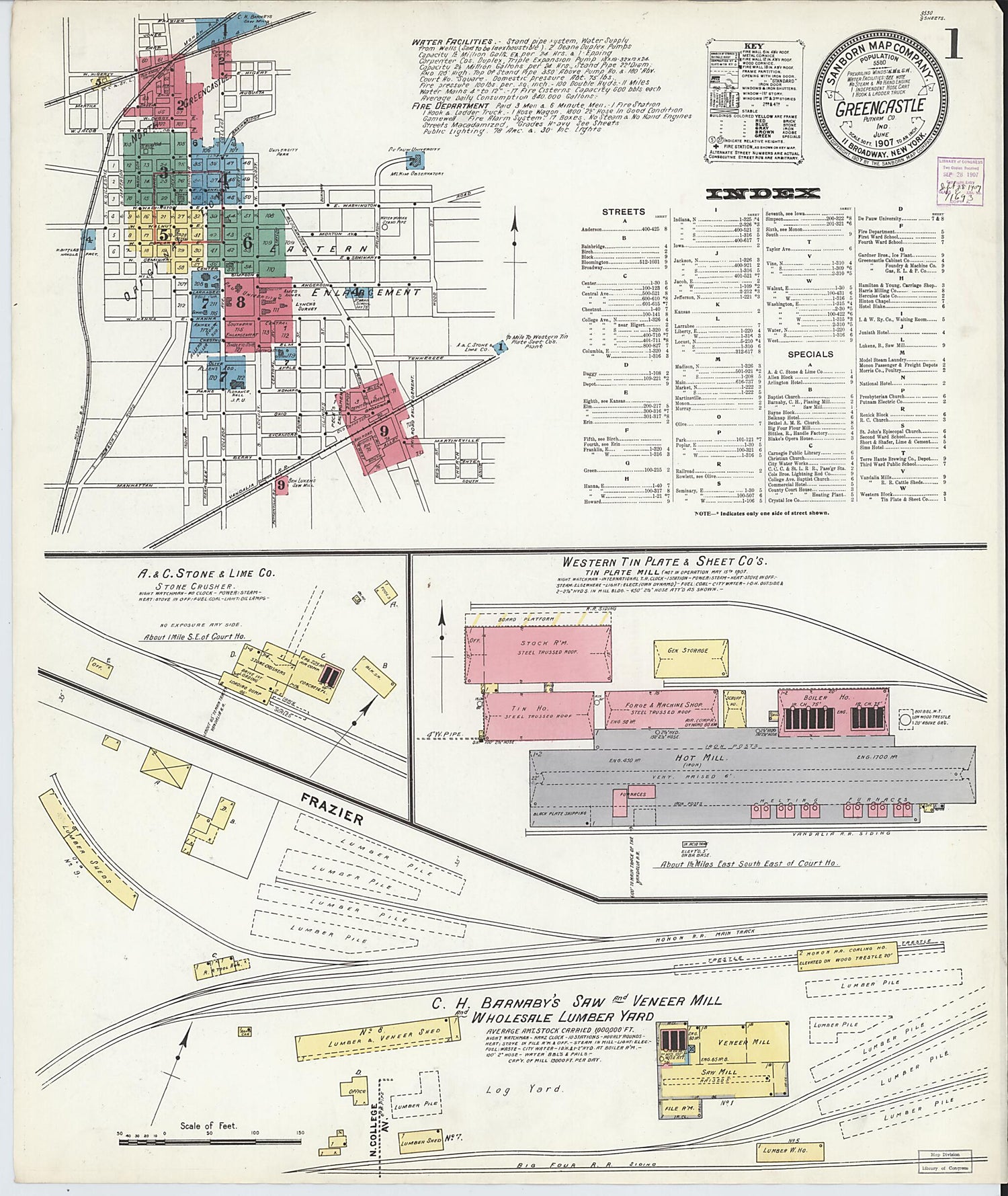 This old map of Greencastle, Putnam County, Indiana was created by Sanborn Map Company in 1907