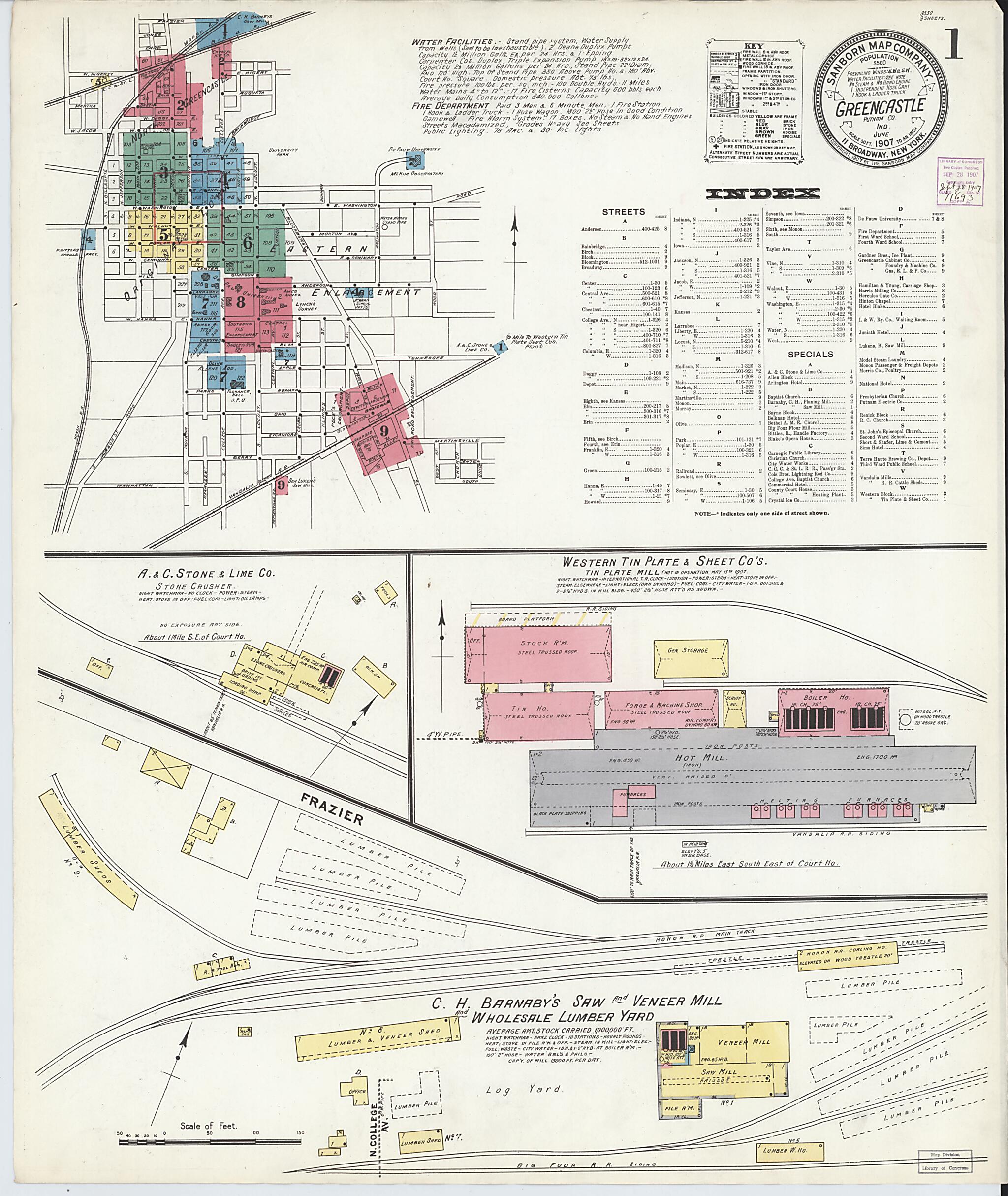 This old map of Greencastle, Putnam County, Indiana was created by Sanborn Map Company in 1907