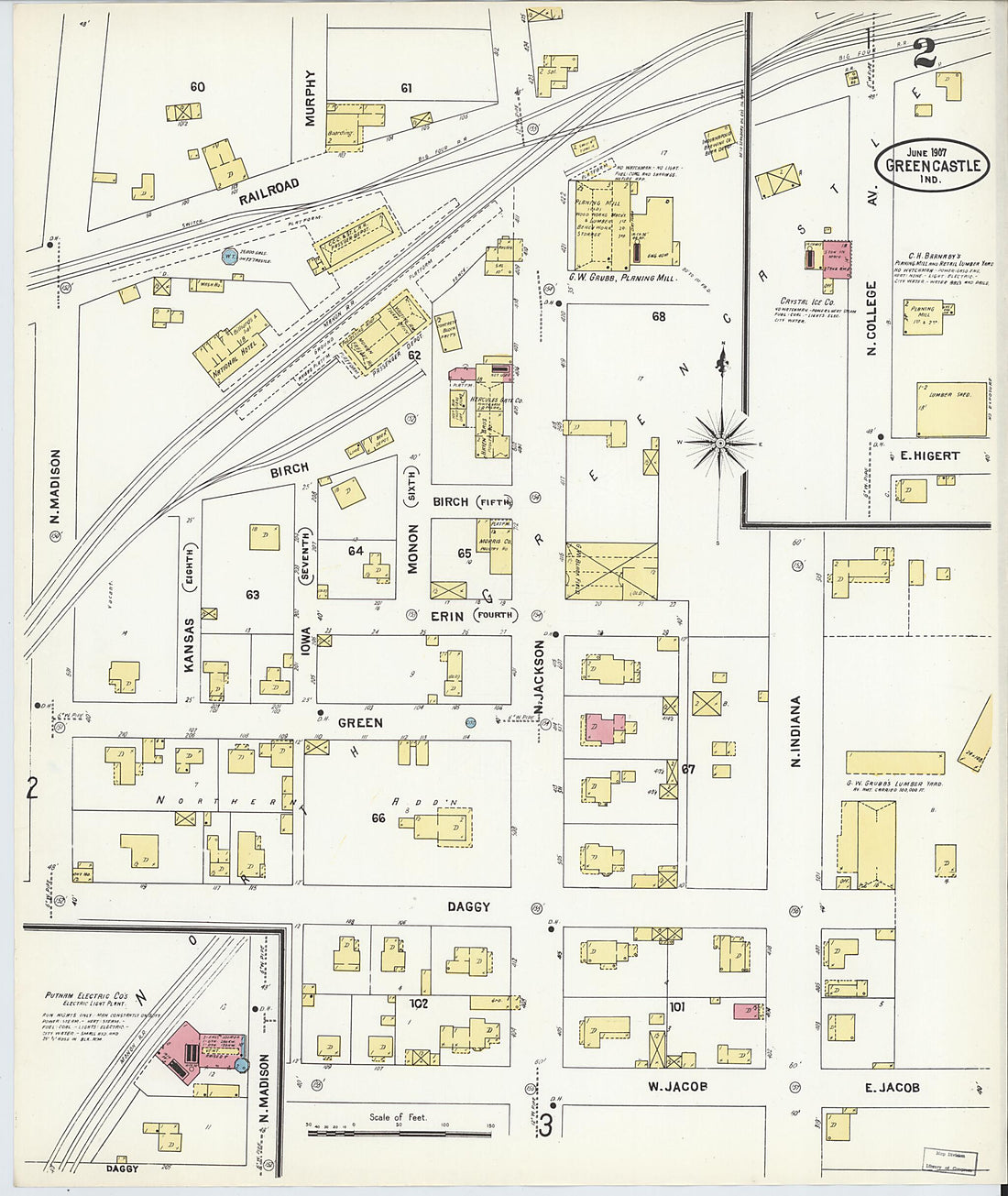 This old map of Greencastle, Putnam County, Indiana was created by Sanborn Map Company in 1907