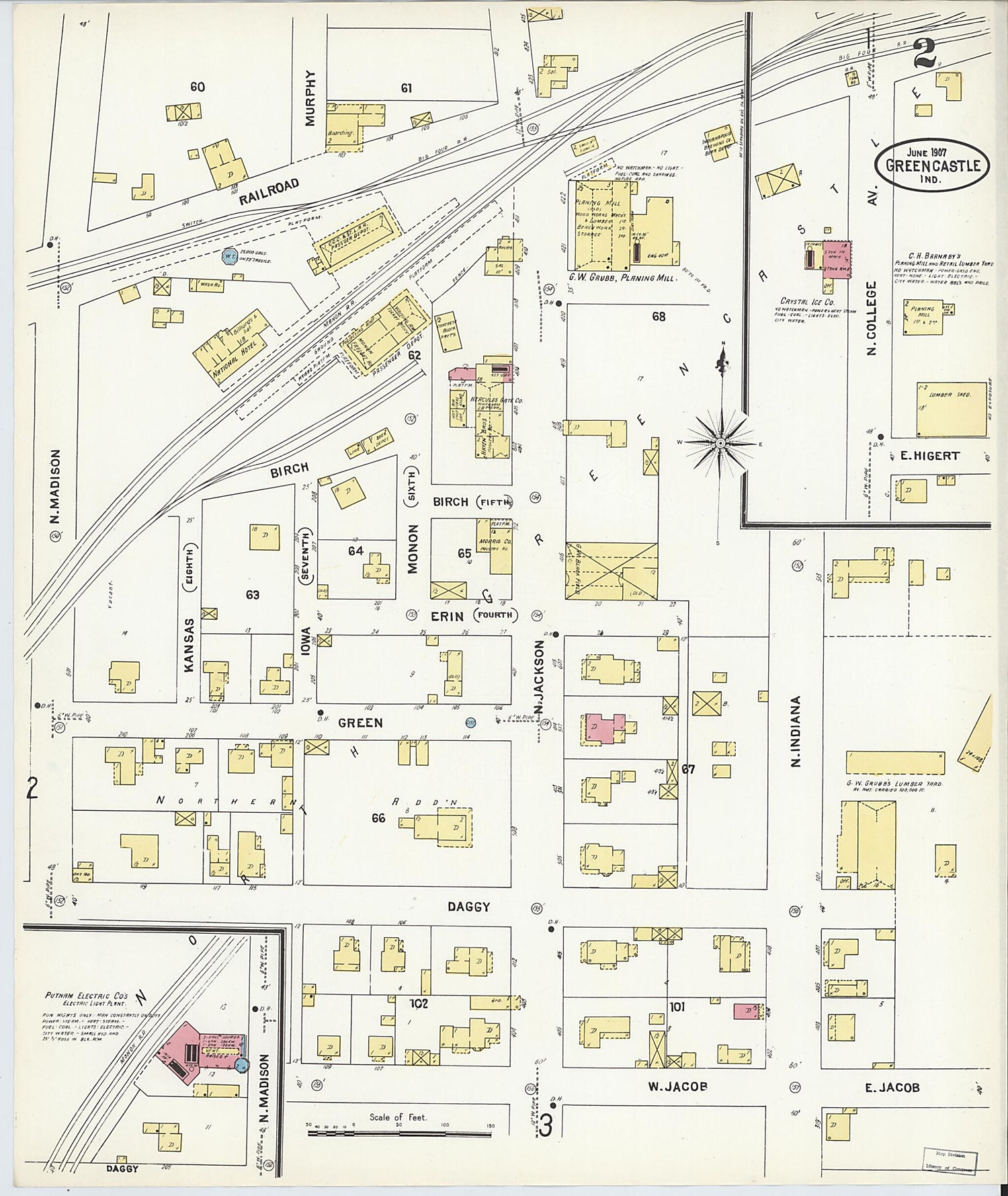 This old map of Greencastle, Putnam County, Indiana was created by Sanborn Map Company in 1907