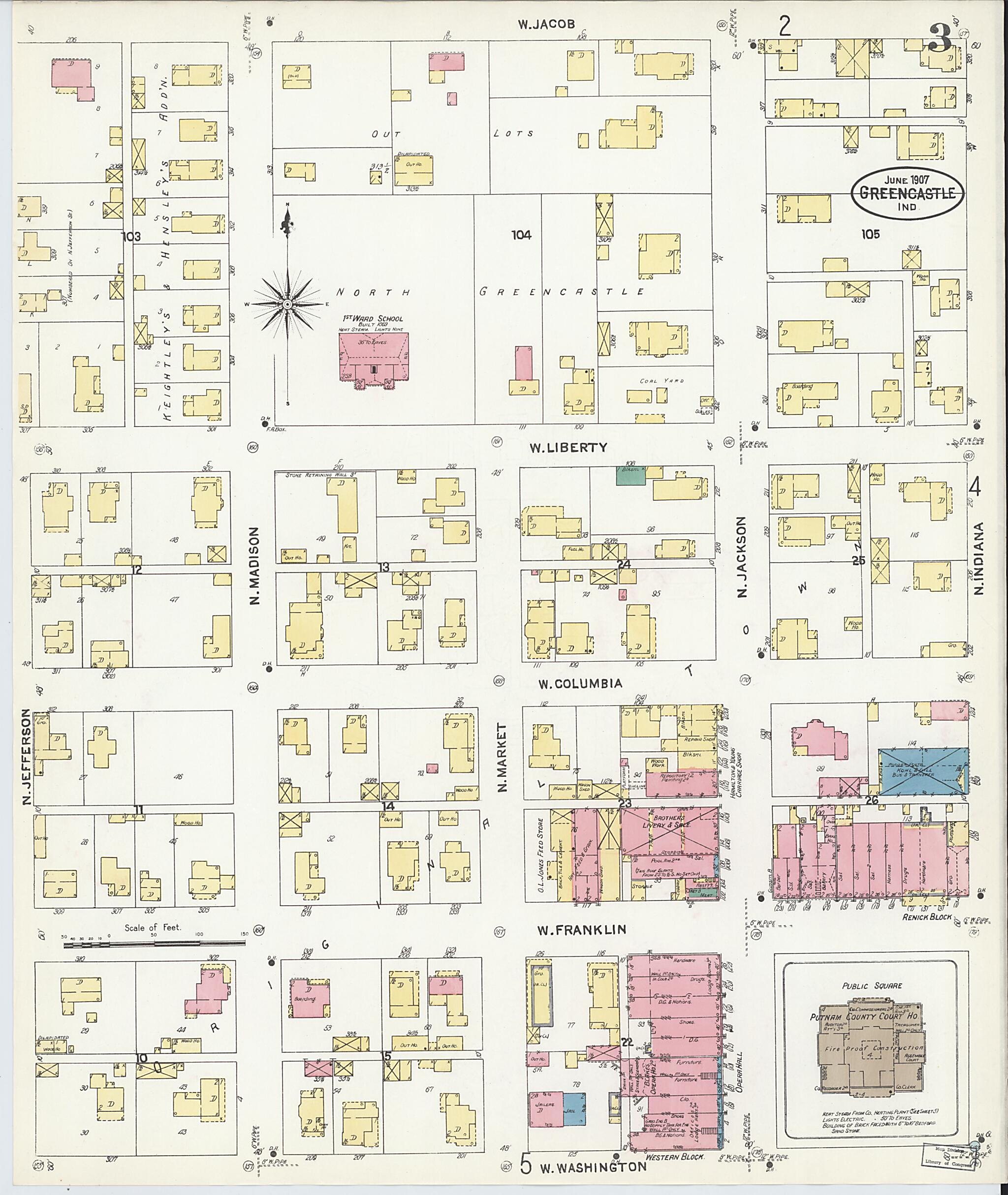 This old map of Greencastle, Putnam County, Indiana was created by Sanborn Map Company in 1907