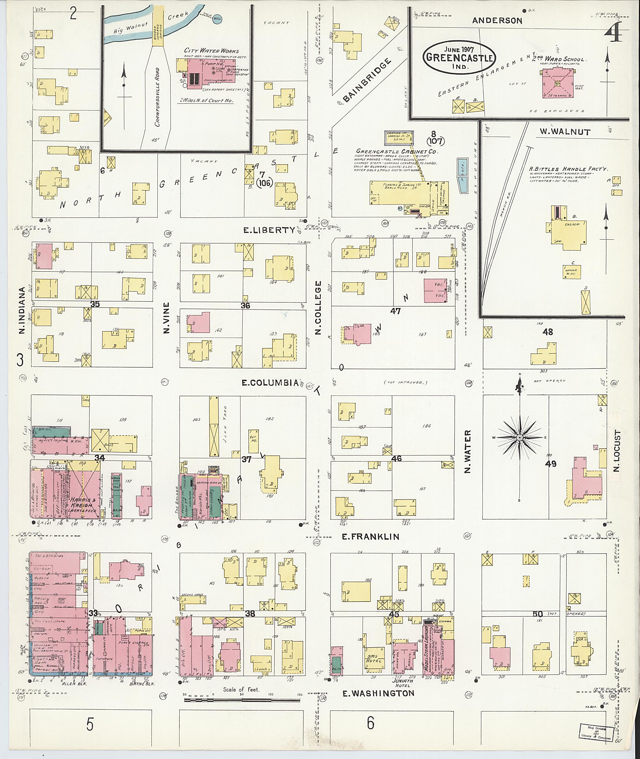 This old map of Greencastle, Putnam County, Indiana was created by Sanborn Map Company in 1907