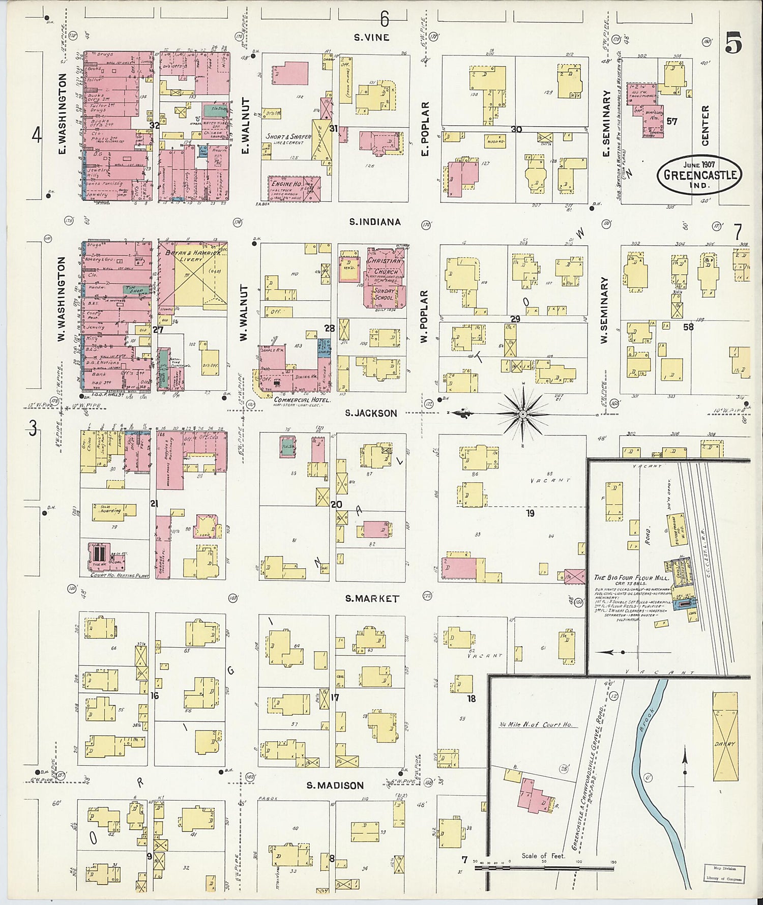 This old map of Greencastle, Putnam County, Indiana was created by Sanborn Map Company in 1907