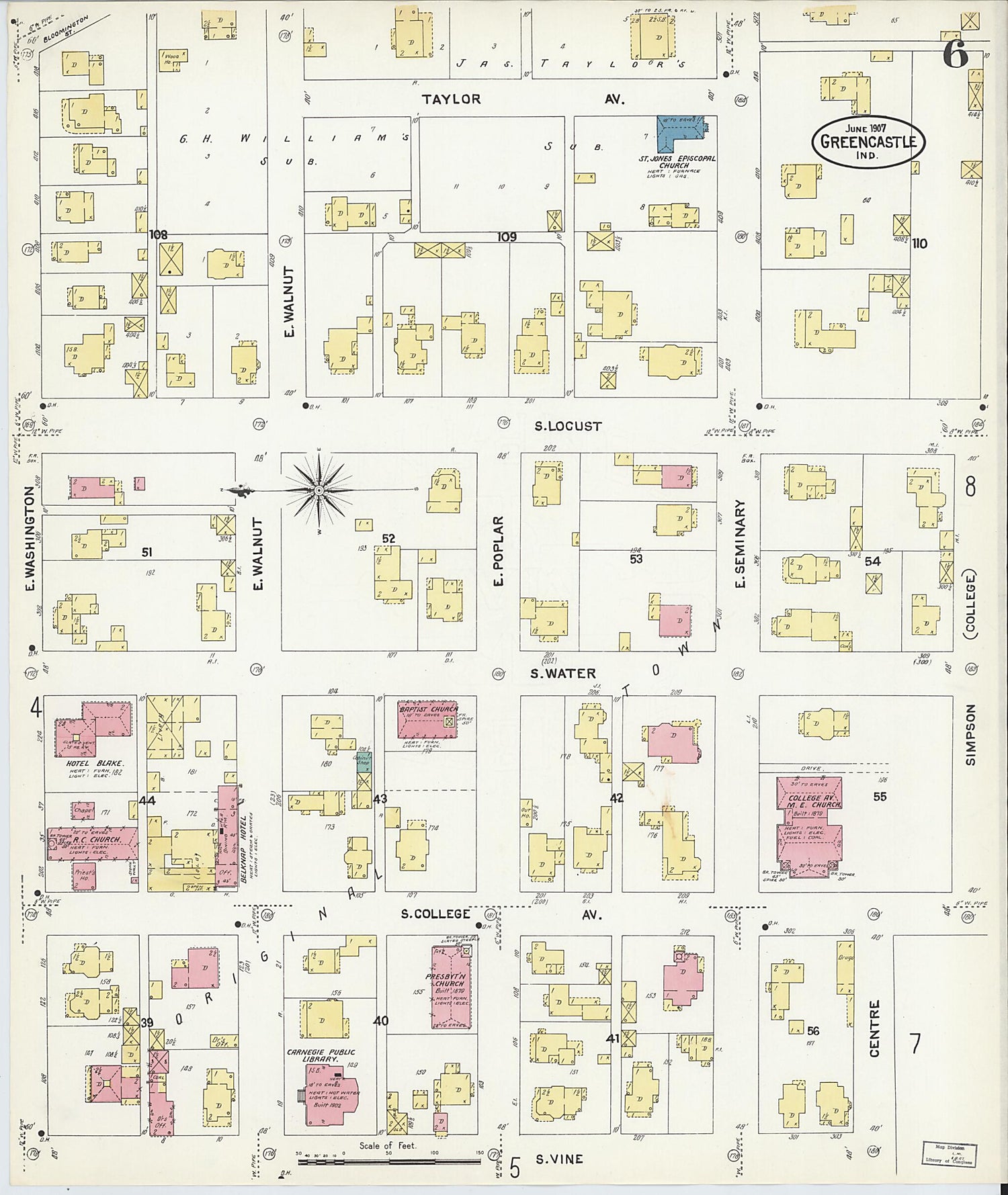 This old map of Greencastle, Putnam County, Indiana was created by Sanborn Map Company in 1907