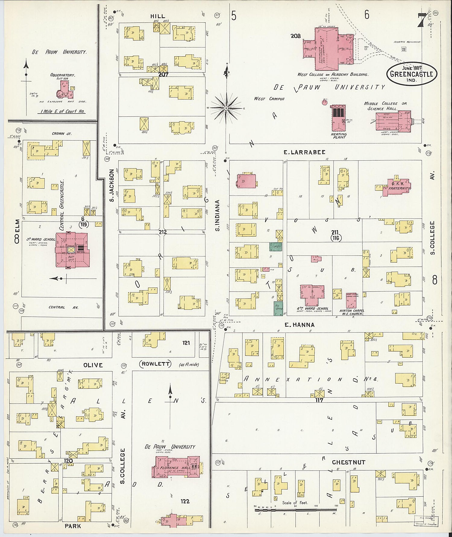 This old map of Greencastle, Putnam County, Indiana was created by Sanborn Map Company in 1907