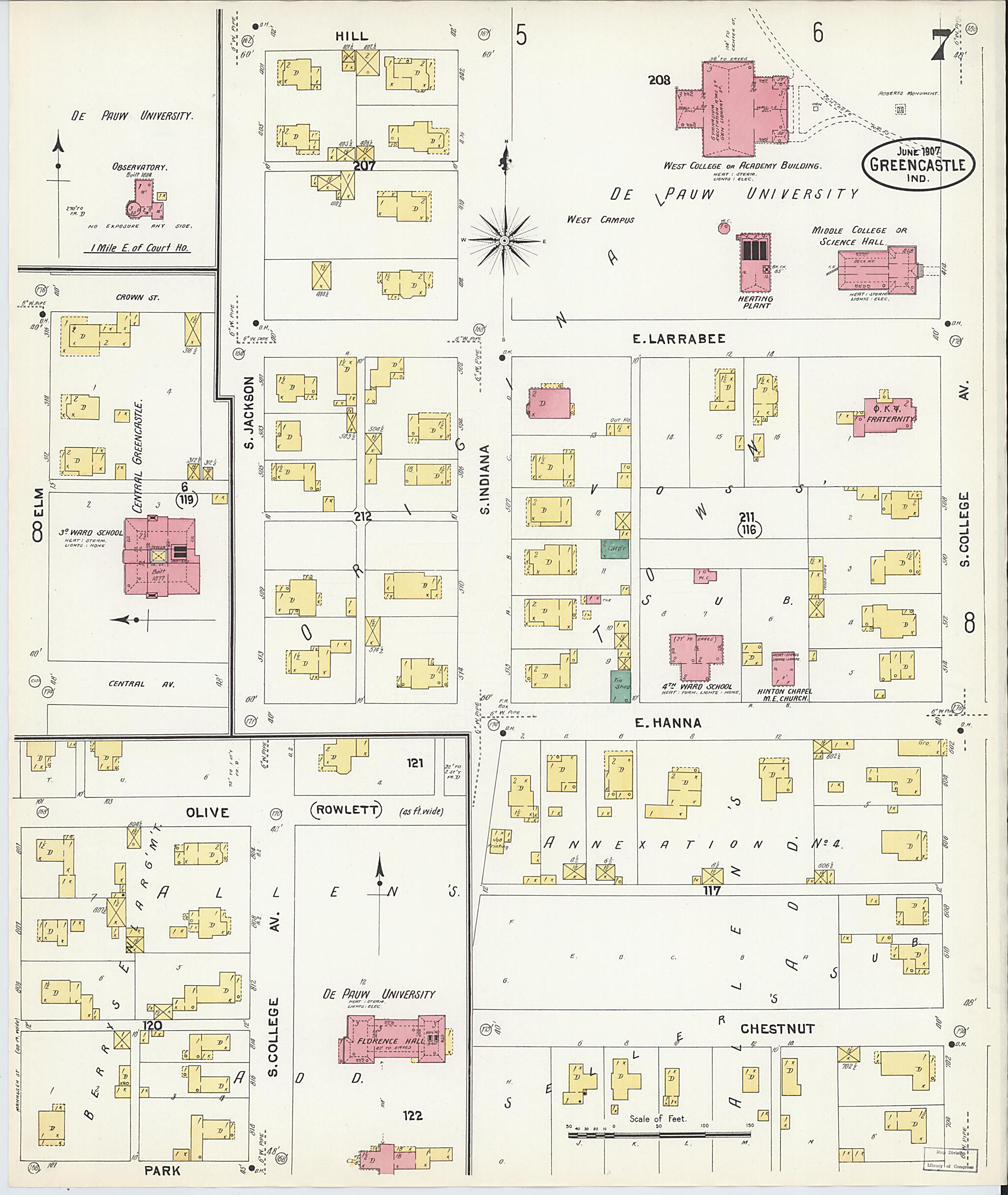 This old map of Greencastle, Putnam County, Indiana was created by Sanborn Map Company in 1907