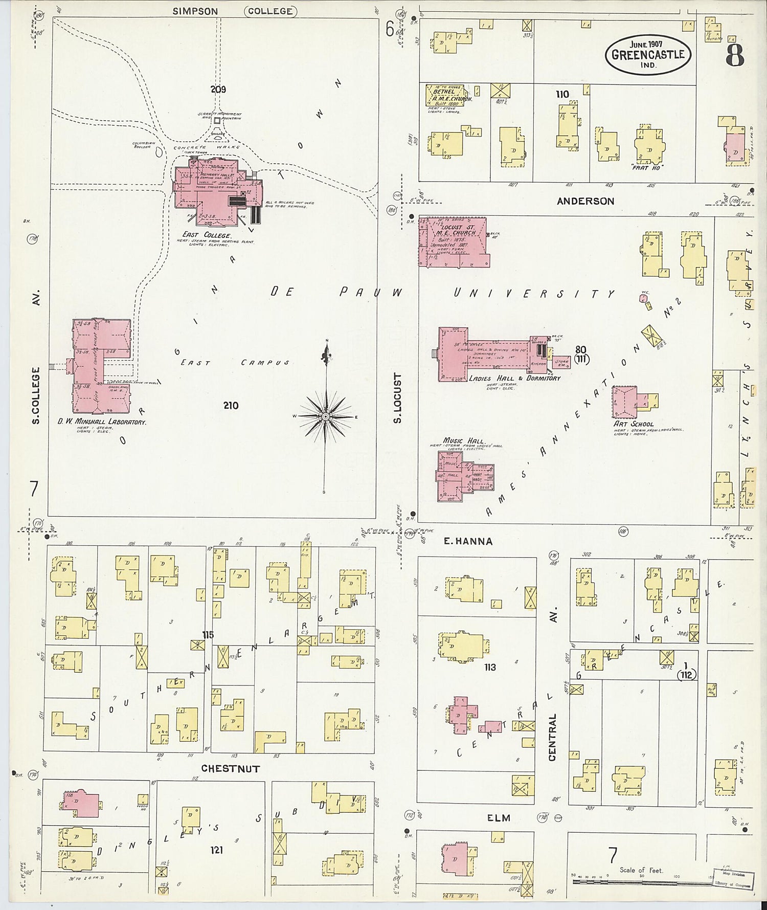 This old map of Greencastle, Putnam County, Indiana was created by Sanborn Map Company in 1907