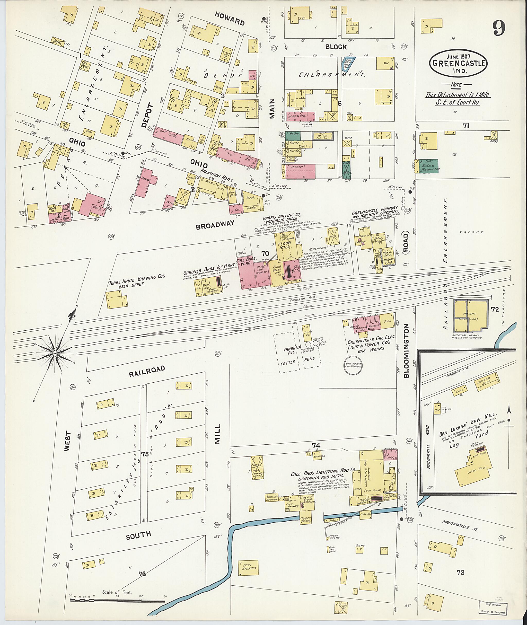 This old map of Greencastle, Putnam County, Indiana was created by Sanborn Map Company in 1907