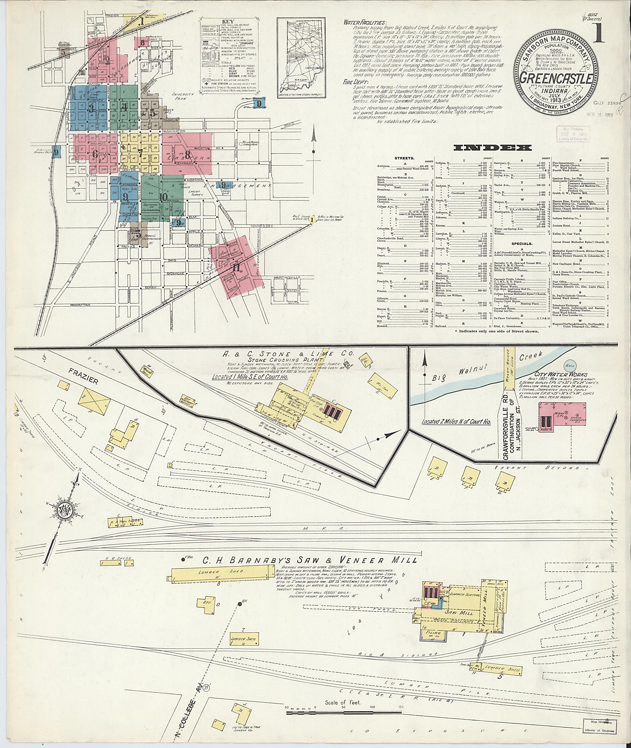 This old map of Greencastle, Putnam County, Indiana was created by Sanborn Map Company in 1913