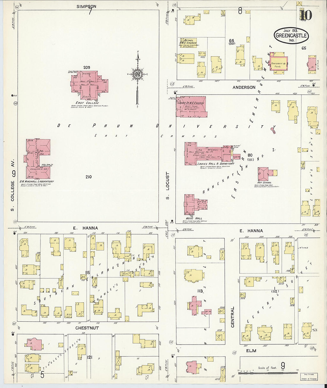 This old map of Greencastle, Putnam County, Indiana was created by Sanborn Map Company in 1913