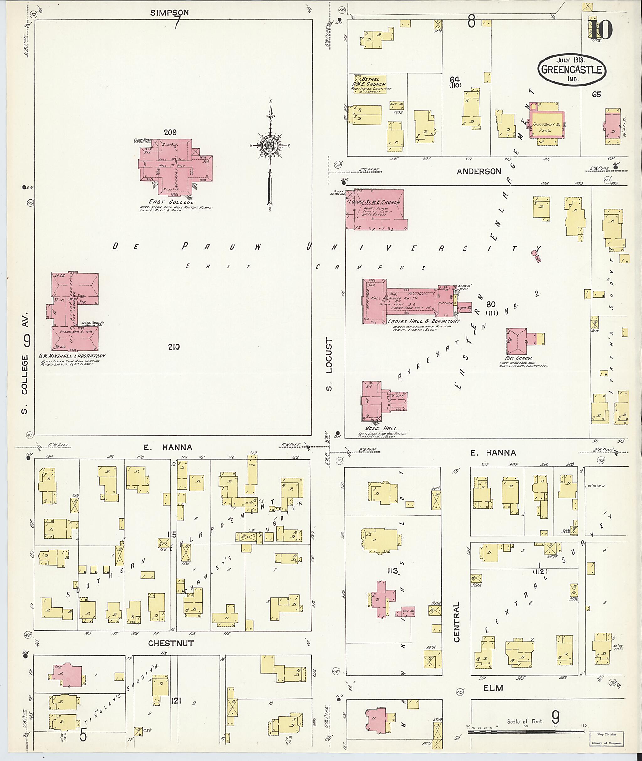 This old map of Greencastle, Putnam County, Indiana was created by Sanborn Map Company in 1913