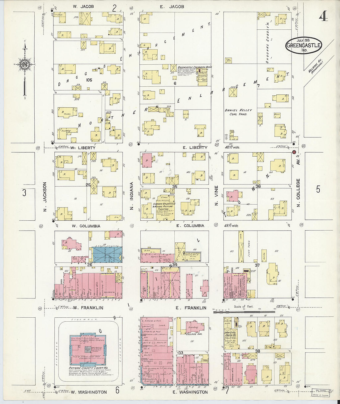 This old map of Greencastle, Putnam County, Indiana was created by Sanborn Map Company in 1913